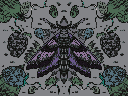 Falena con le ali viola circondata da luppolo e foglie