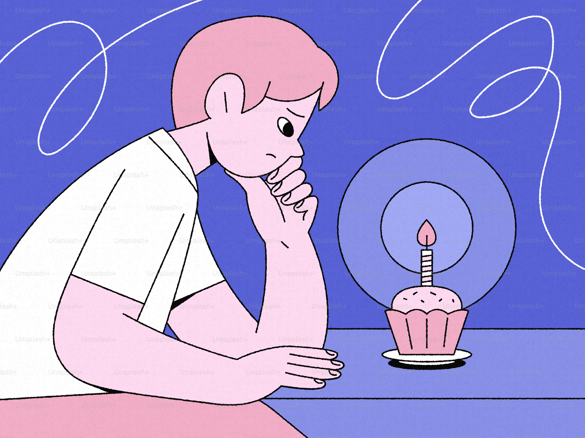 Un ragazzo che guarda tristemente un cupcake di compleanno