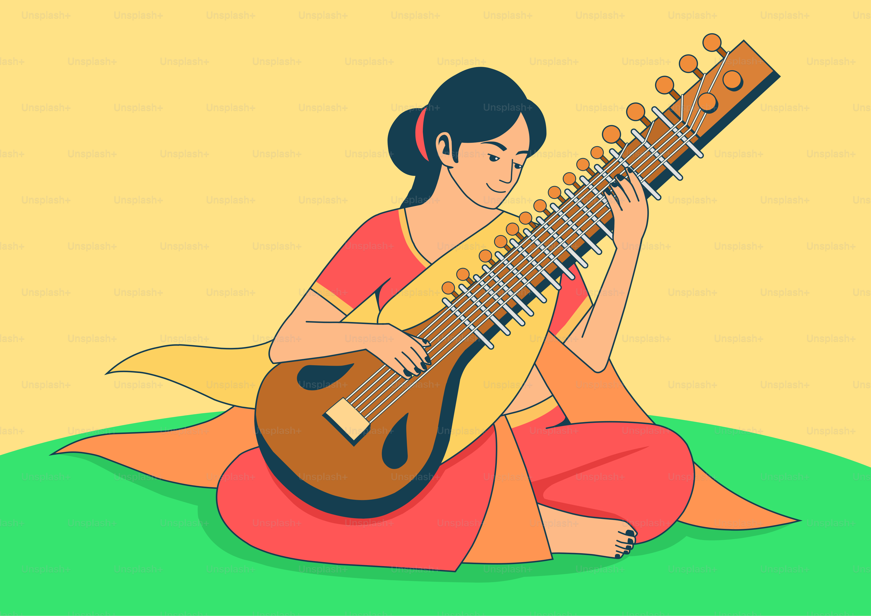 Femme jouant du sitar sur fond jaune et vert