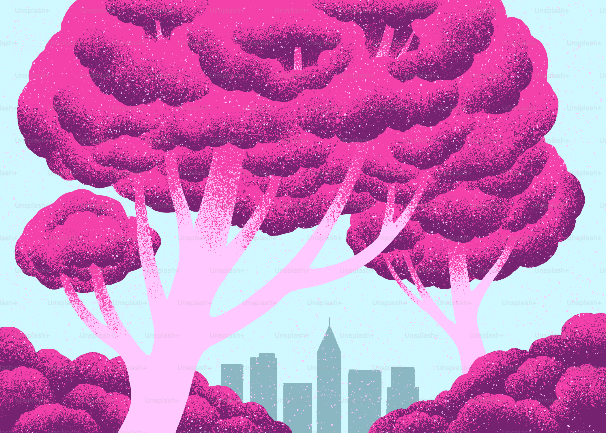 분홍색 나무들과 배경에 도시 스카이라인이 그려져 있습니다.