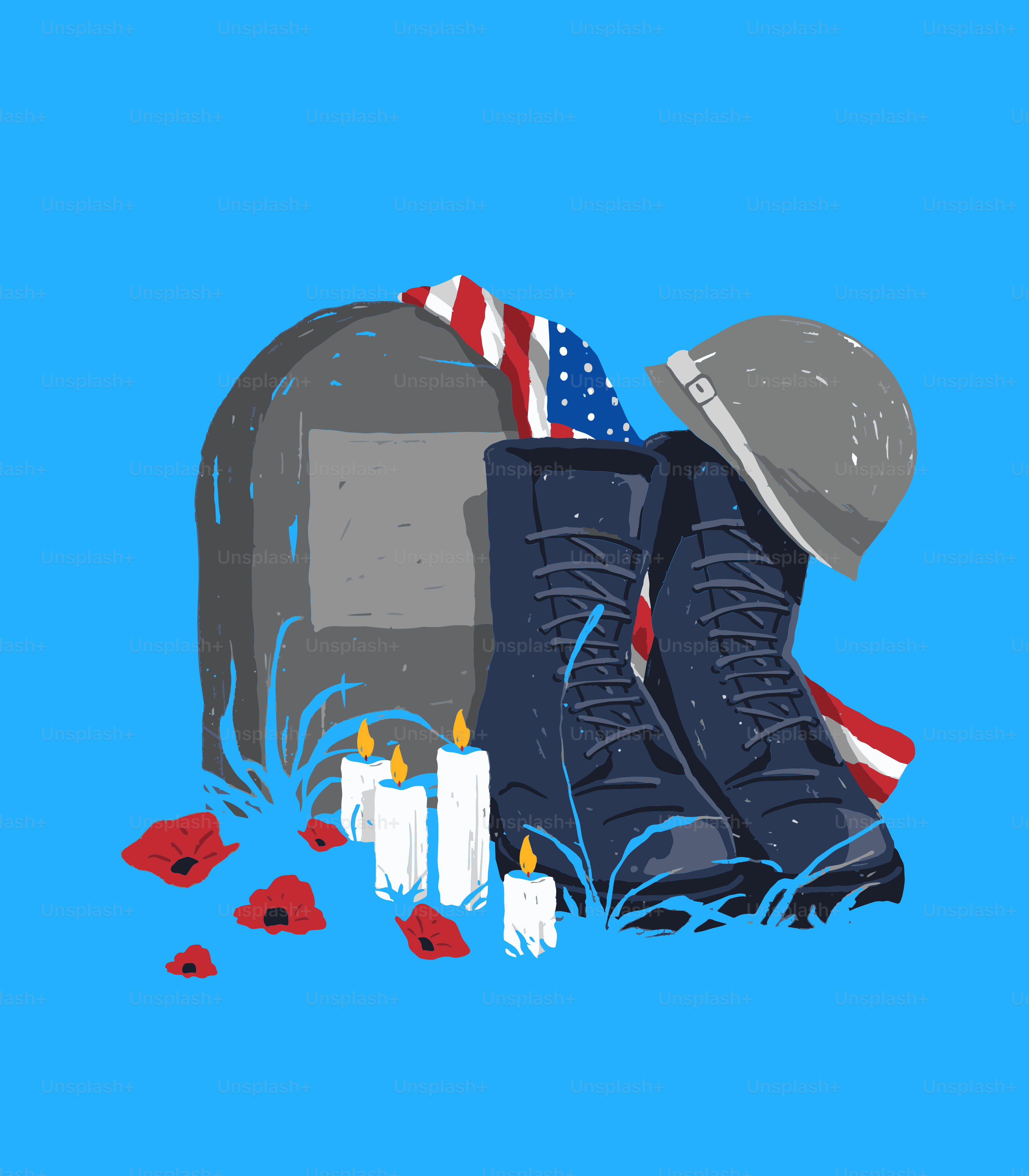 Botas, casco y bandera militares en un memorial