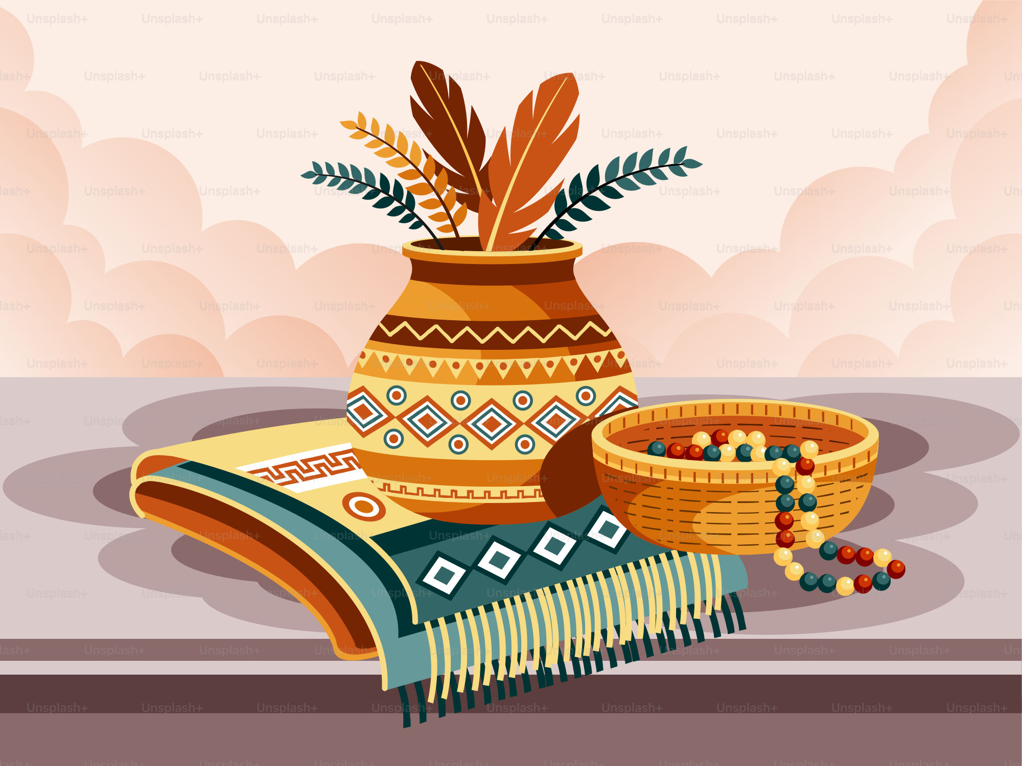Vaso tribale con piume, coperta e cestino di perline.