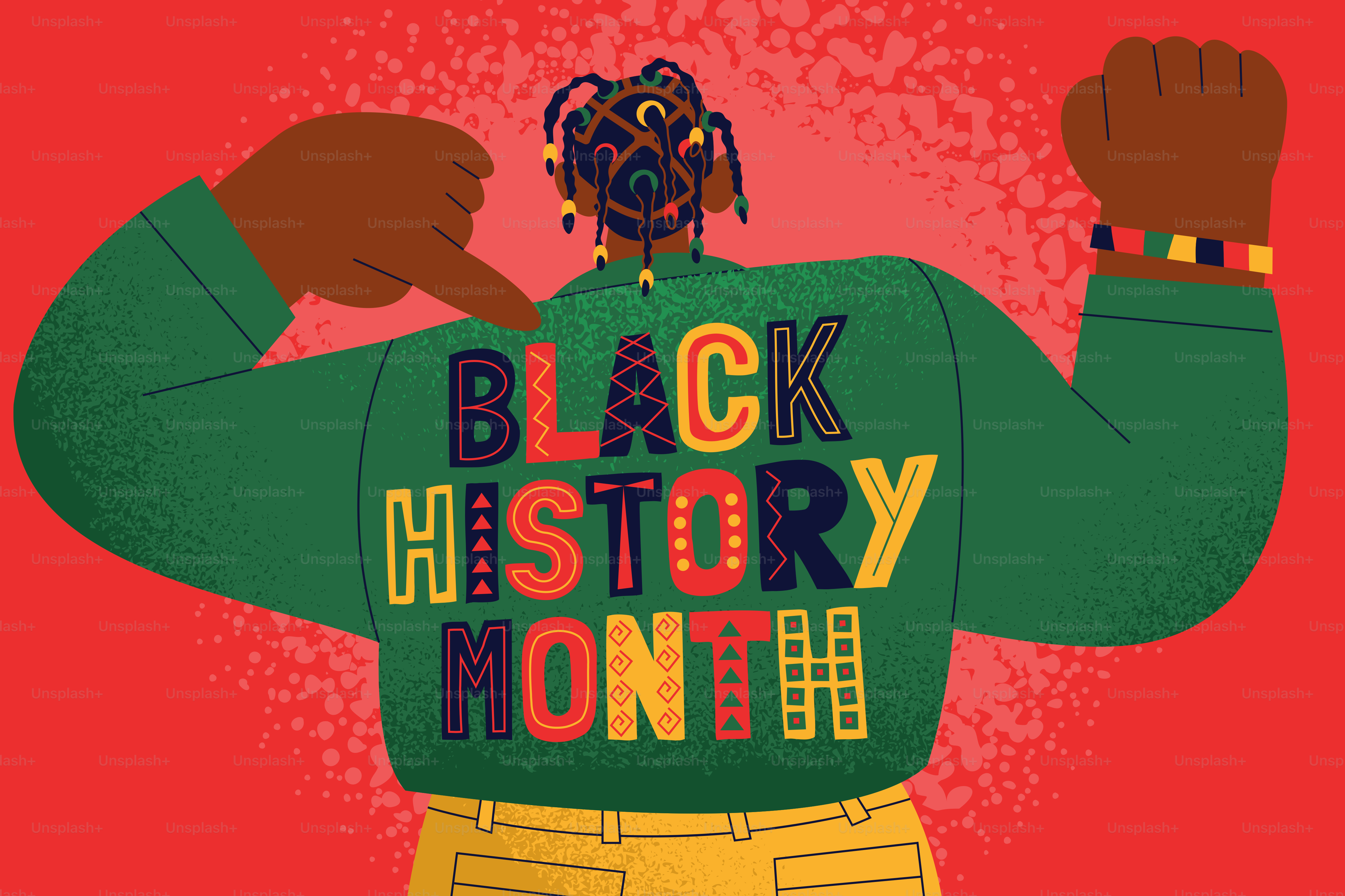 Person proudly displays "black history month" on shirt.