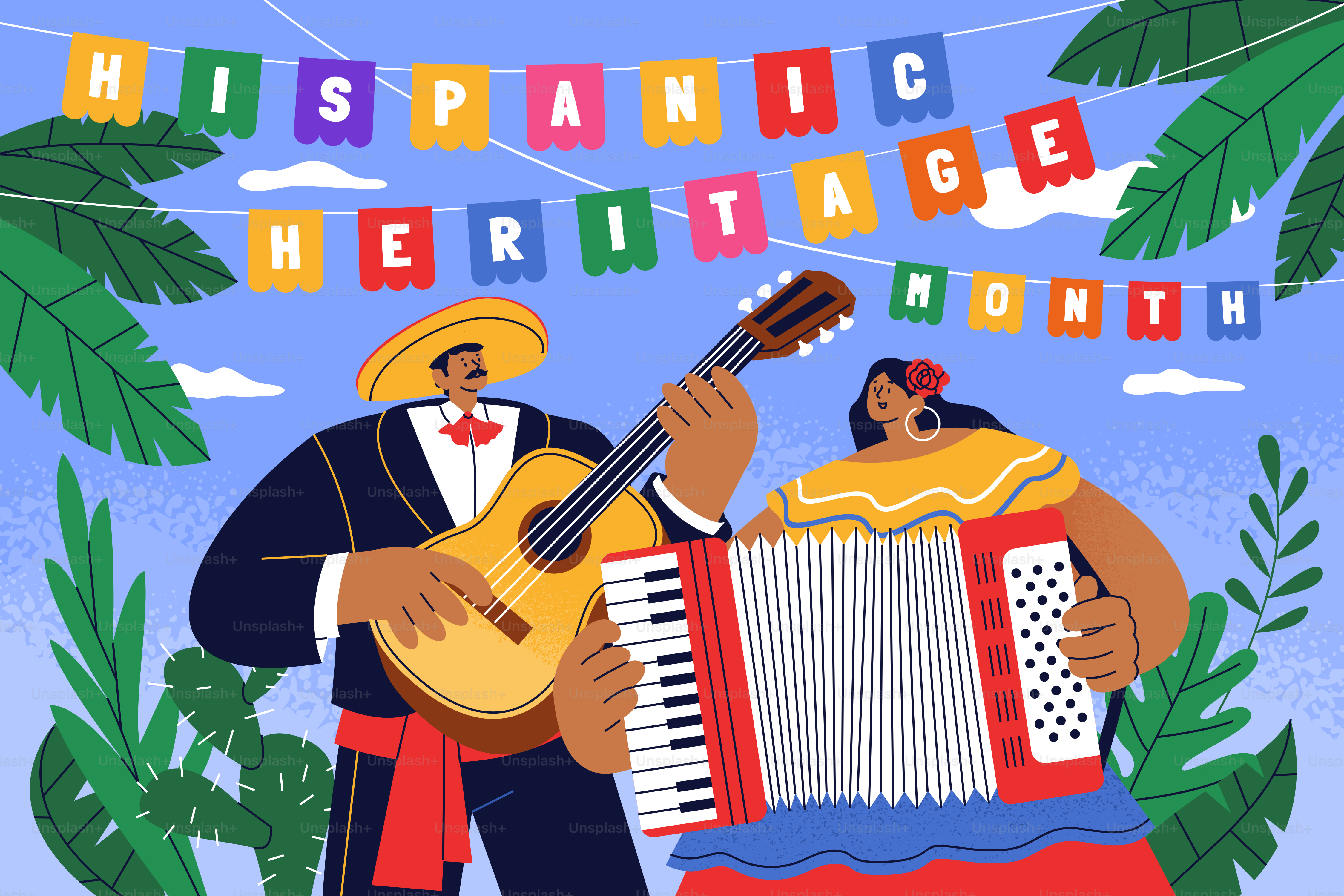 Célébration du mois du patrimoine hispanique avec des musiciens jouant de la guitare et de l’accordéon.