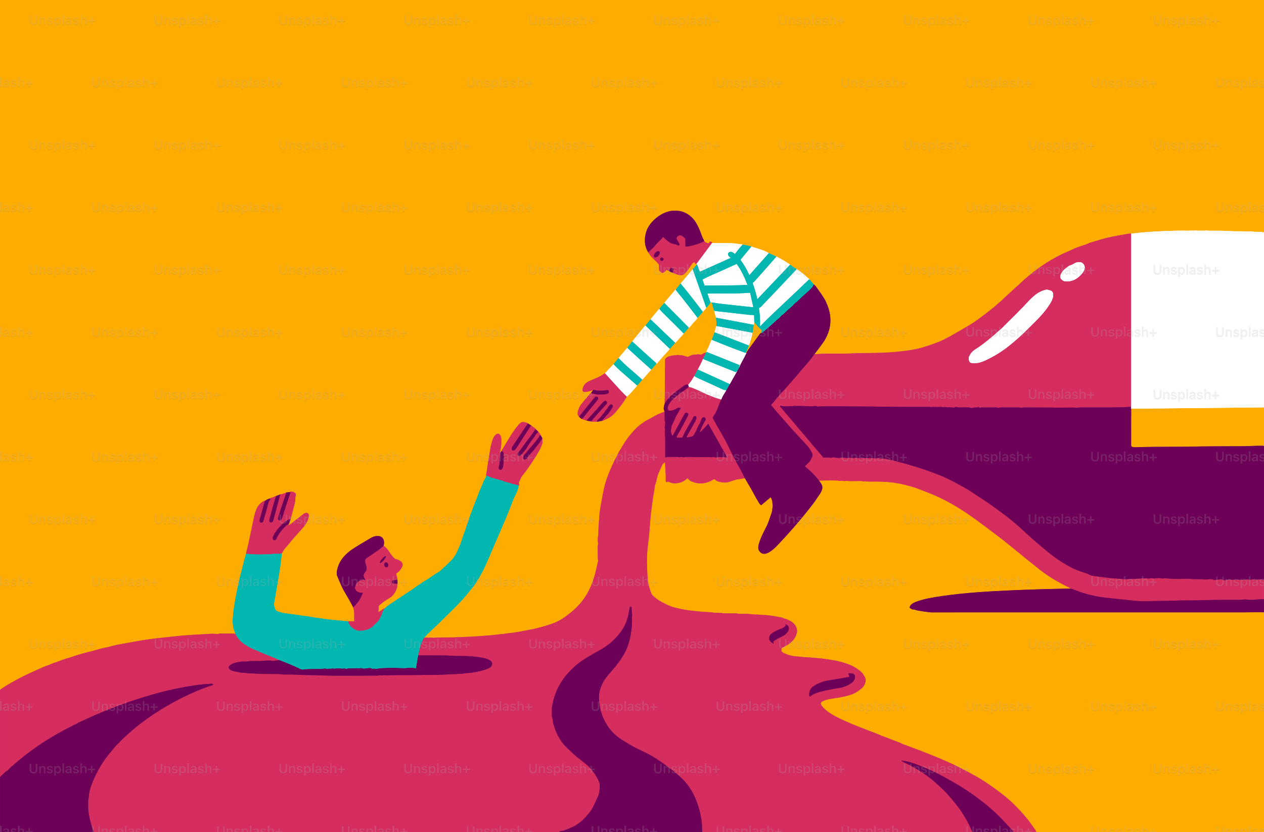 Pria mengulurkan tangan untuk membantu pria lain yang tenggelam dalam cairan.