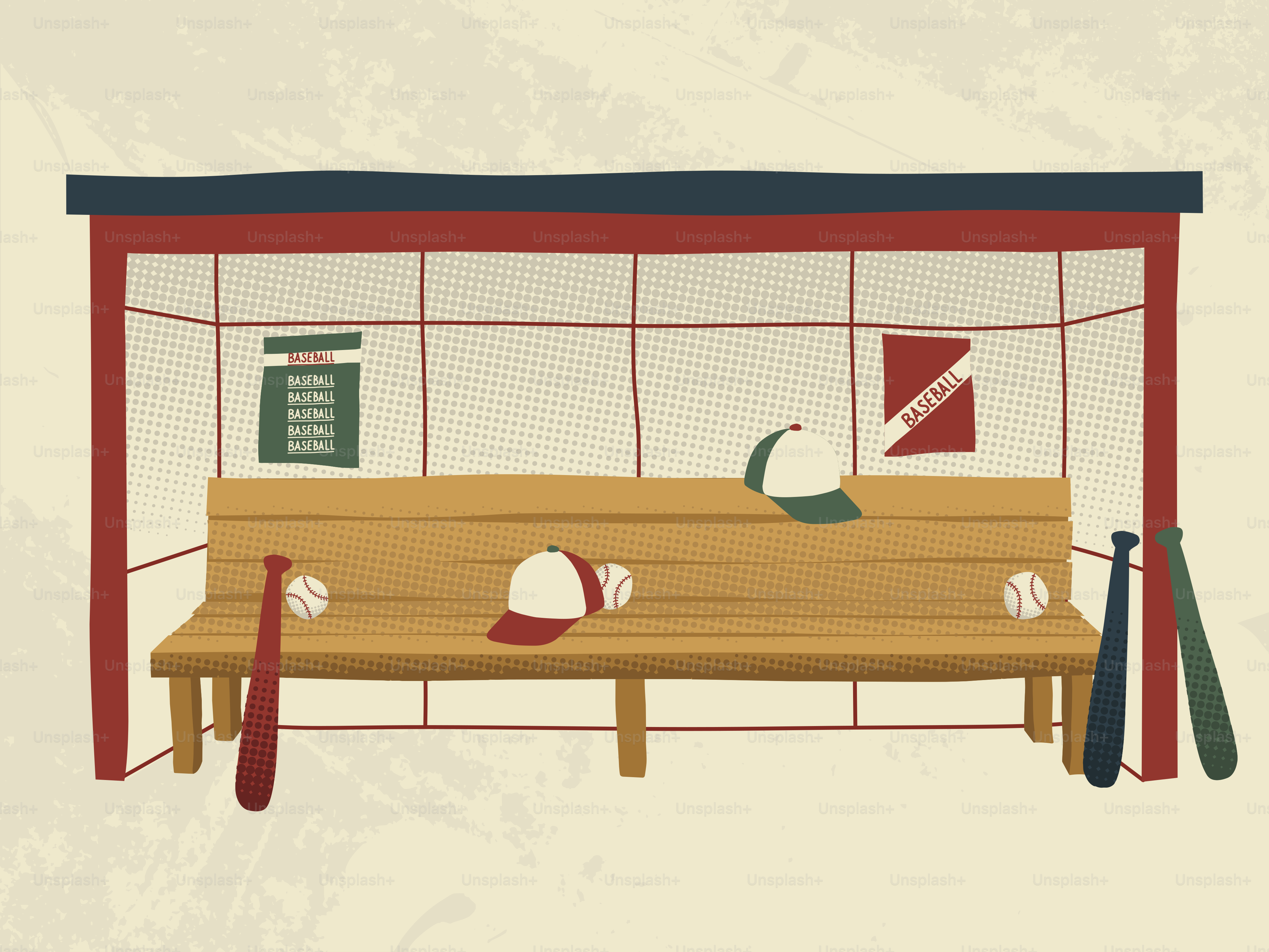 Baseball dugout with bats, hats, and balls