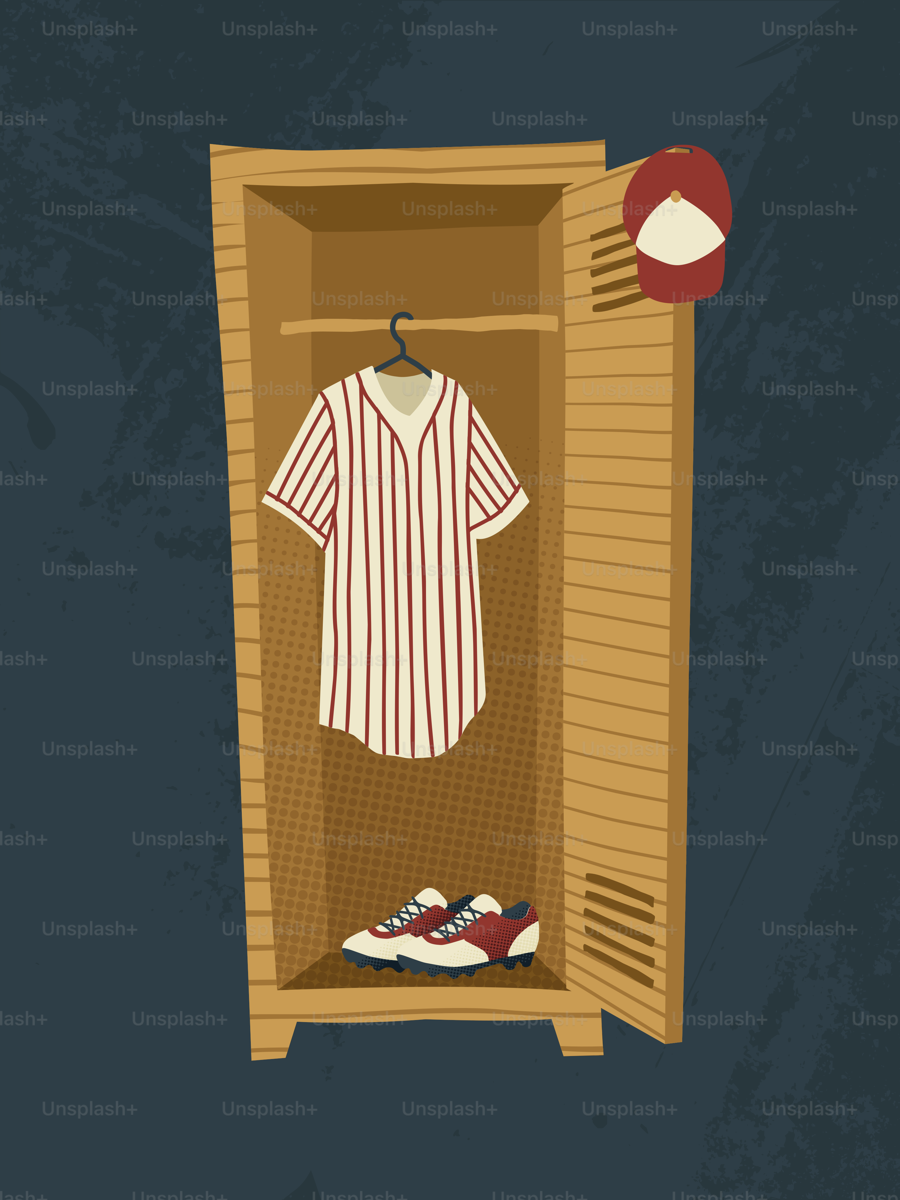 Baseball uniform and cleats in a wooden locker.