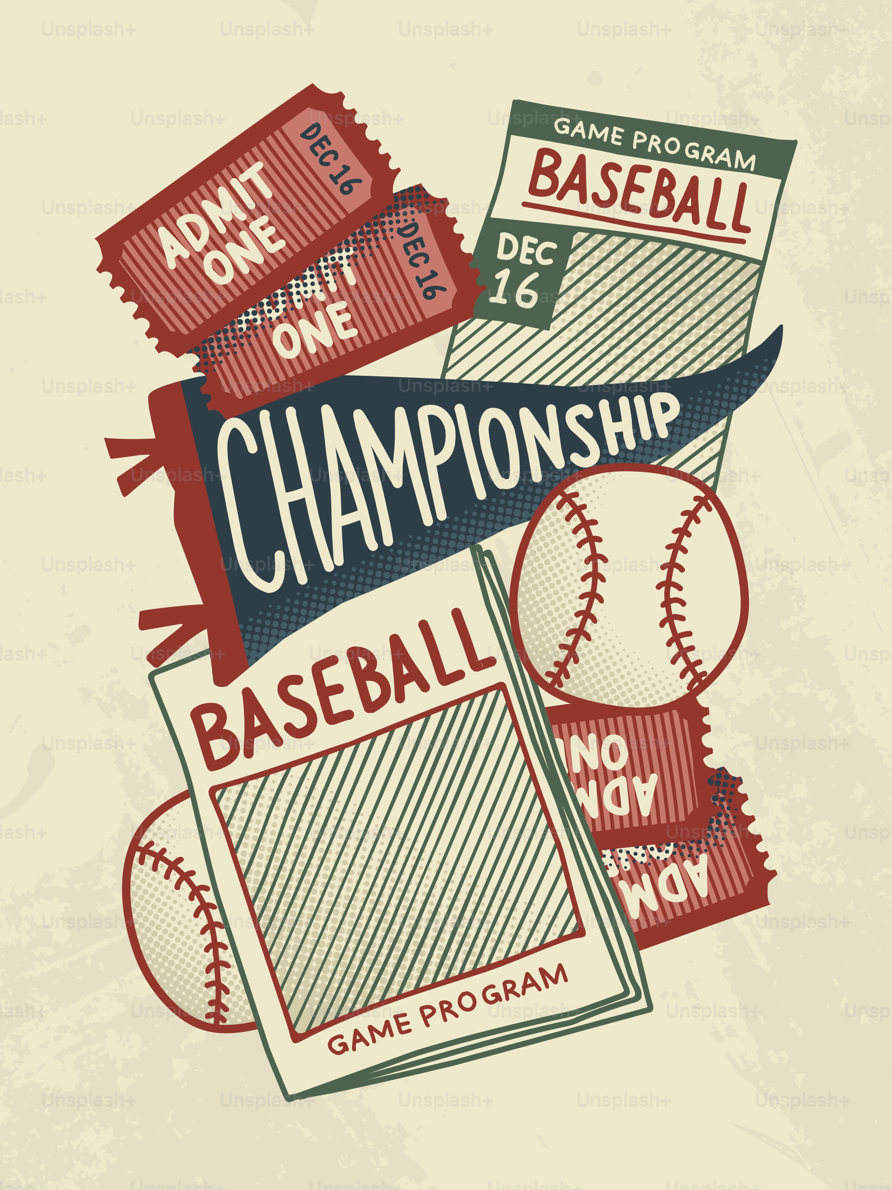 Baseball championship pennant with tickets and programs