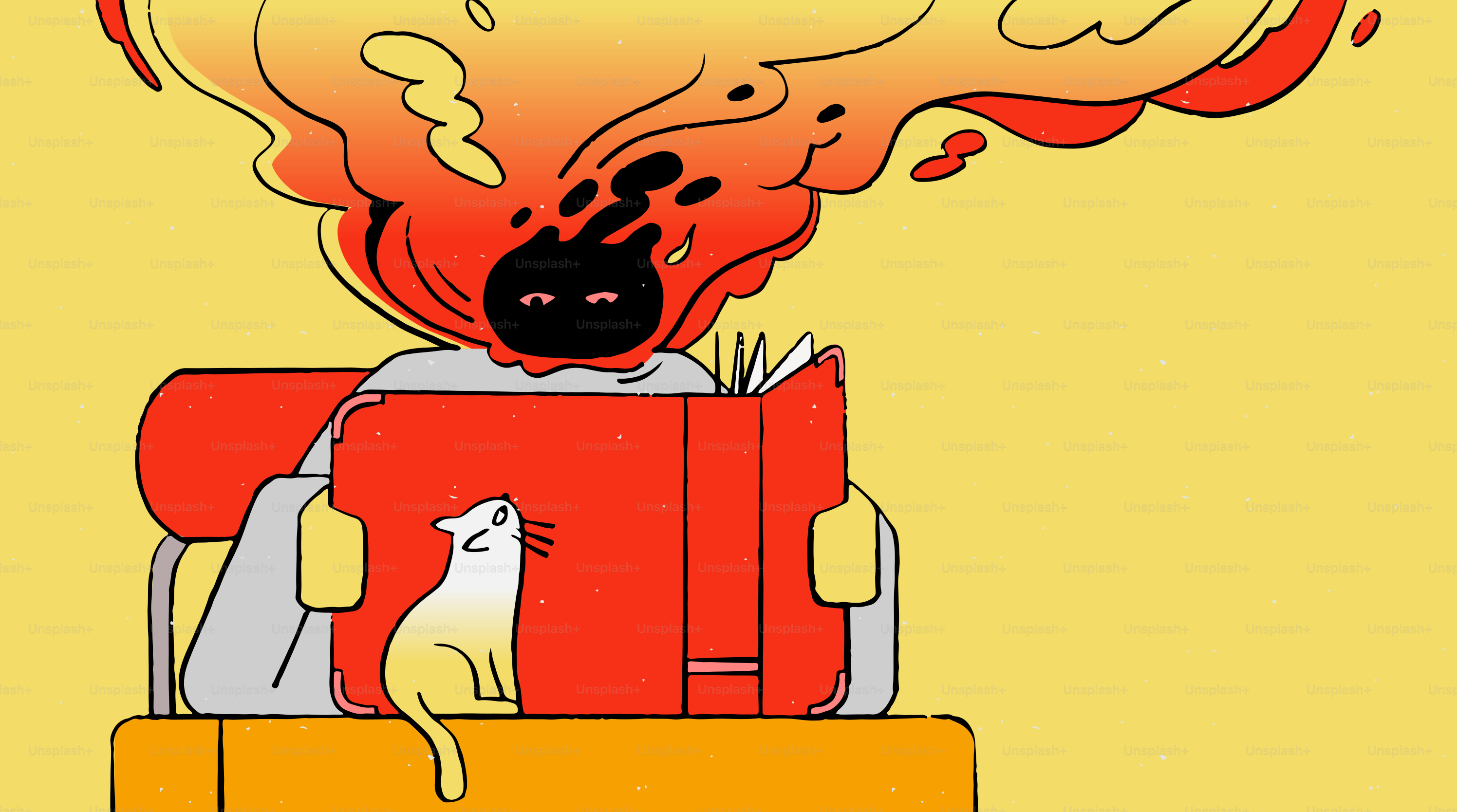燃えるような髪の人が猫と一緒に本を読んでいる。