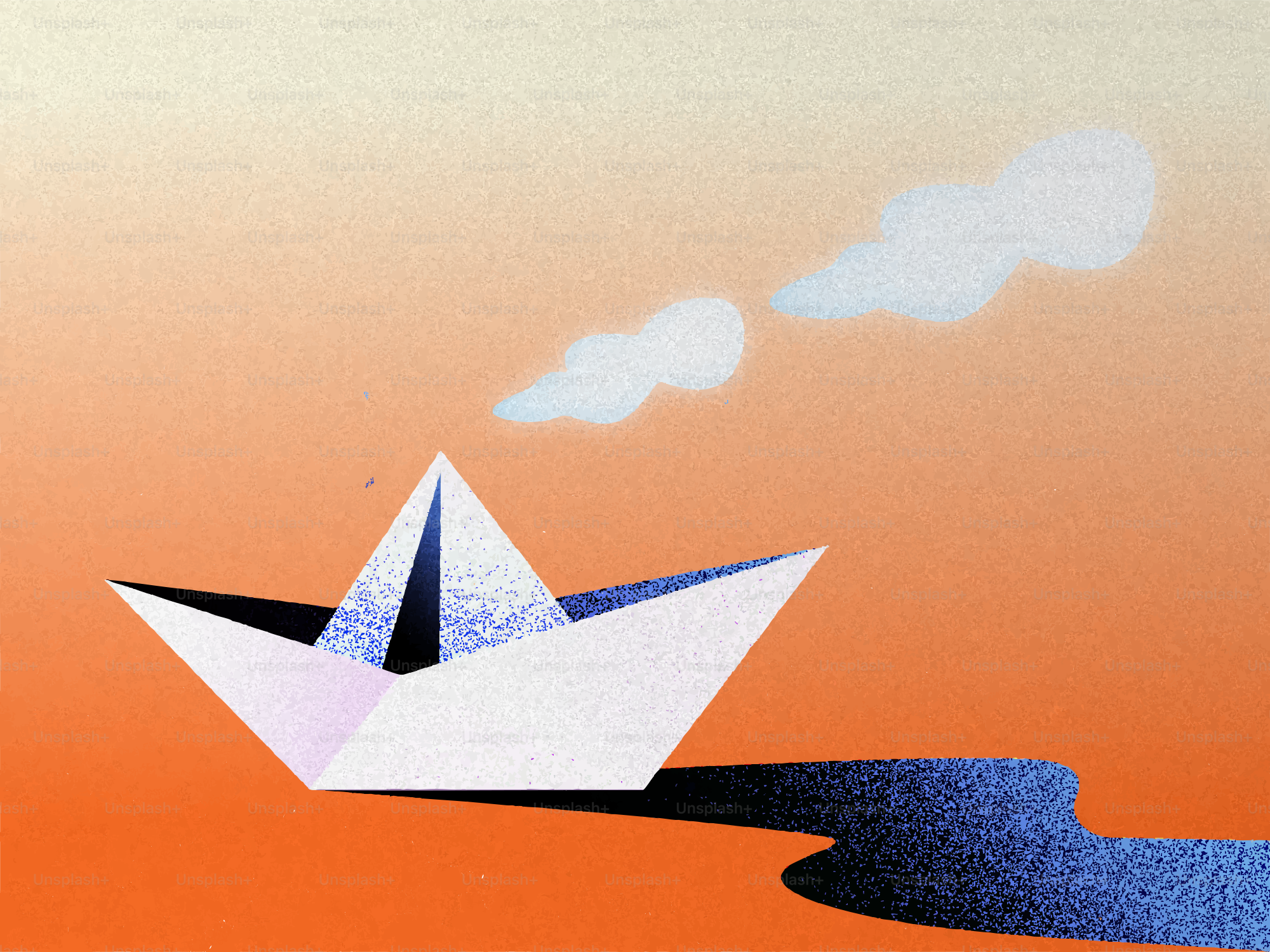 Un barco de papel blanco navega por un río azul.