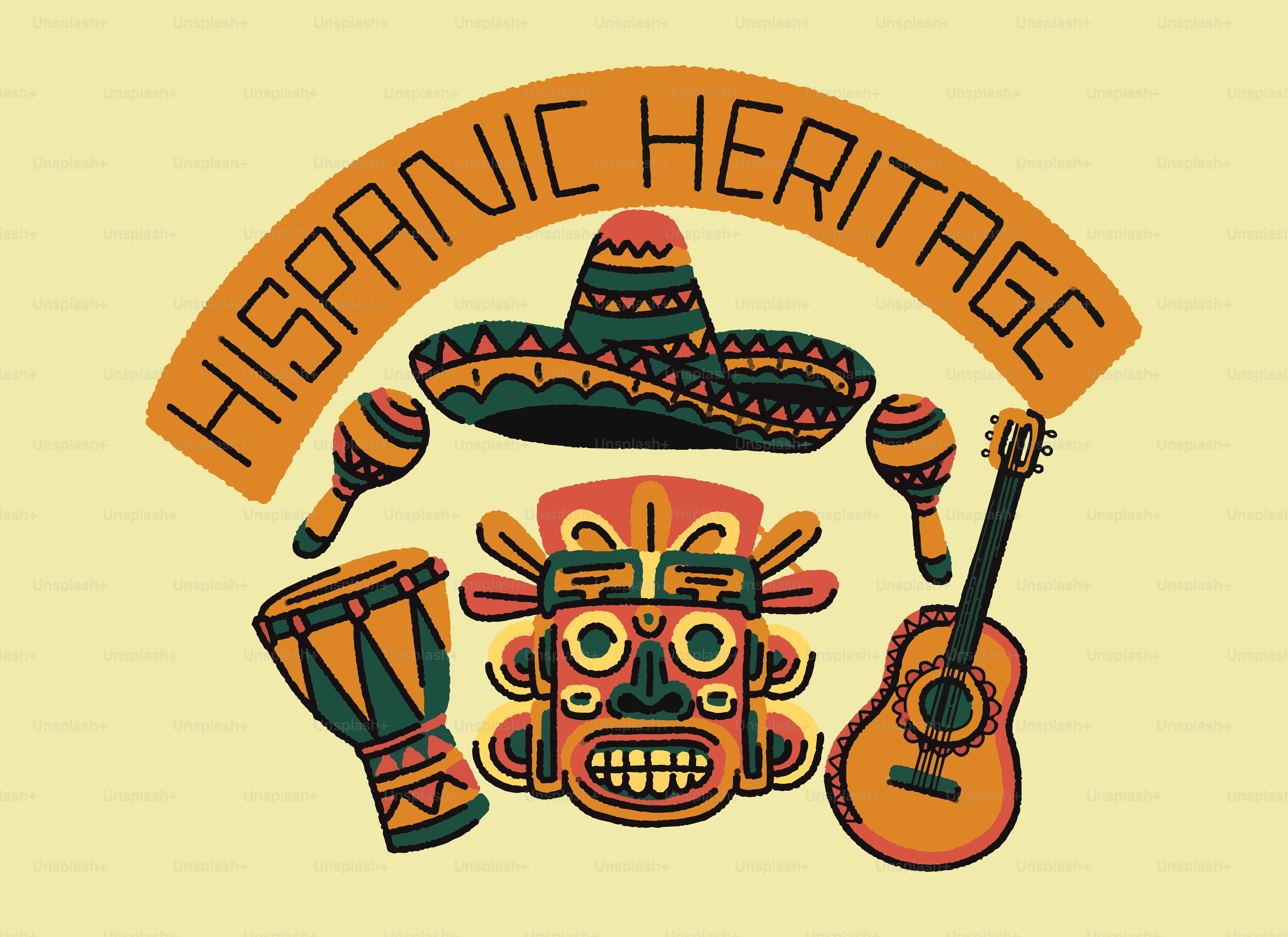 Symboles d’héritage hispanique avec sombrero, maracas et guitare.