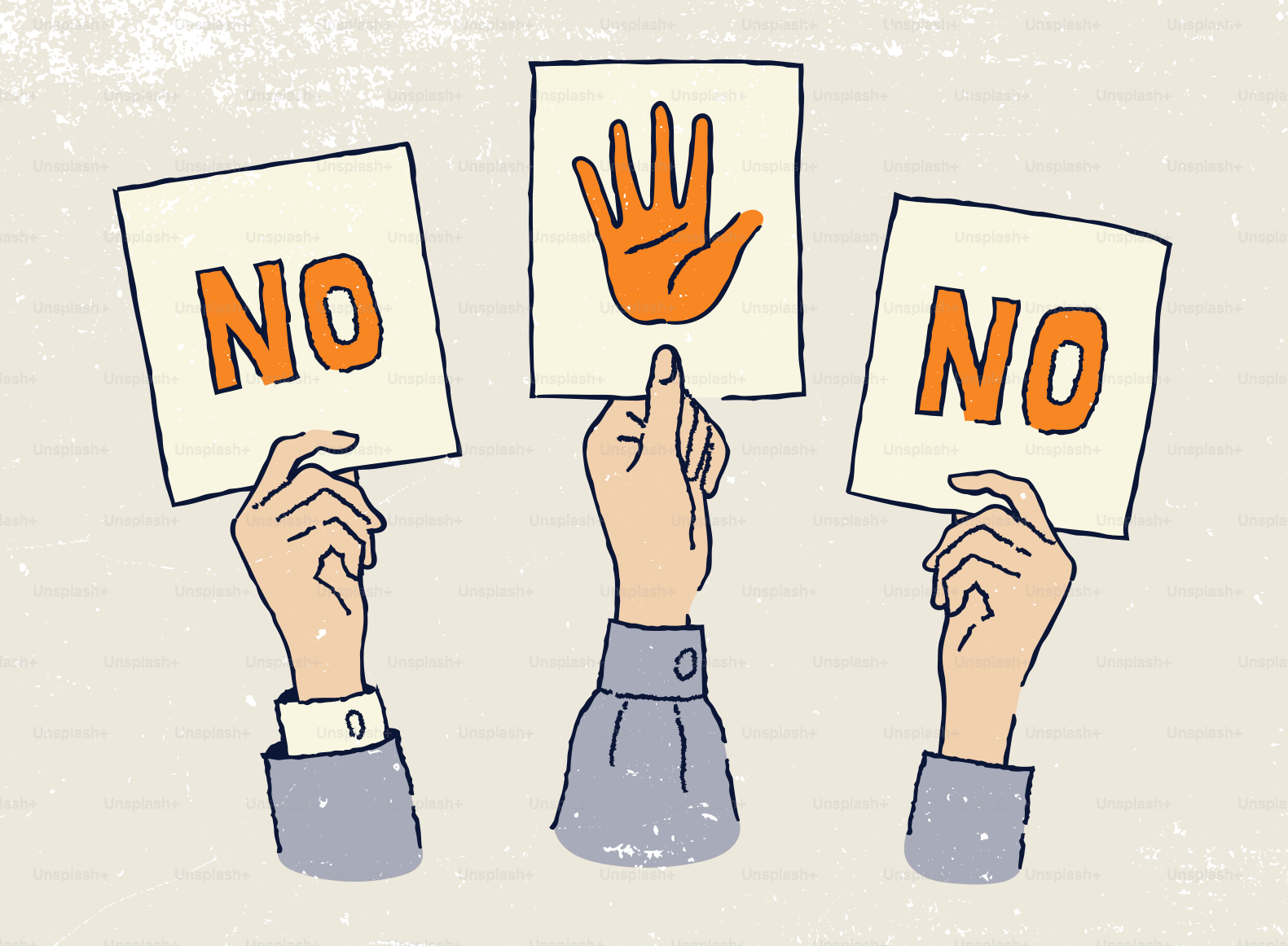 Three hands hold signs with 'no' and a stop hand.