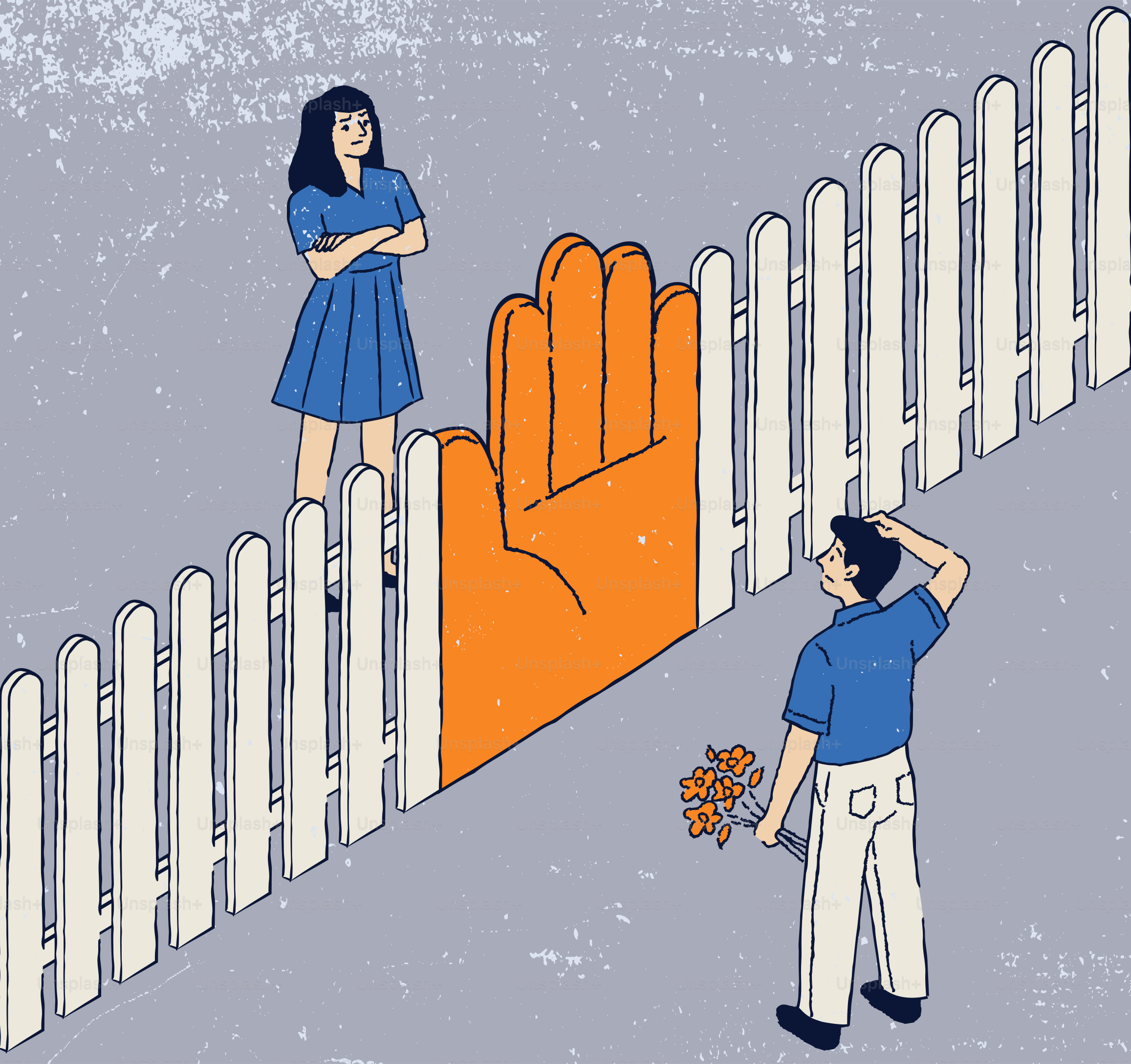 Man with flowers blocked by giant hand on fence.