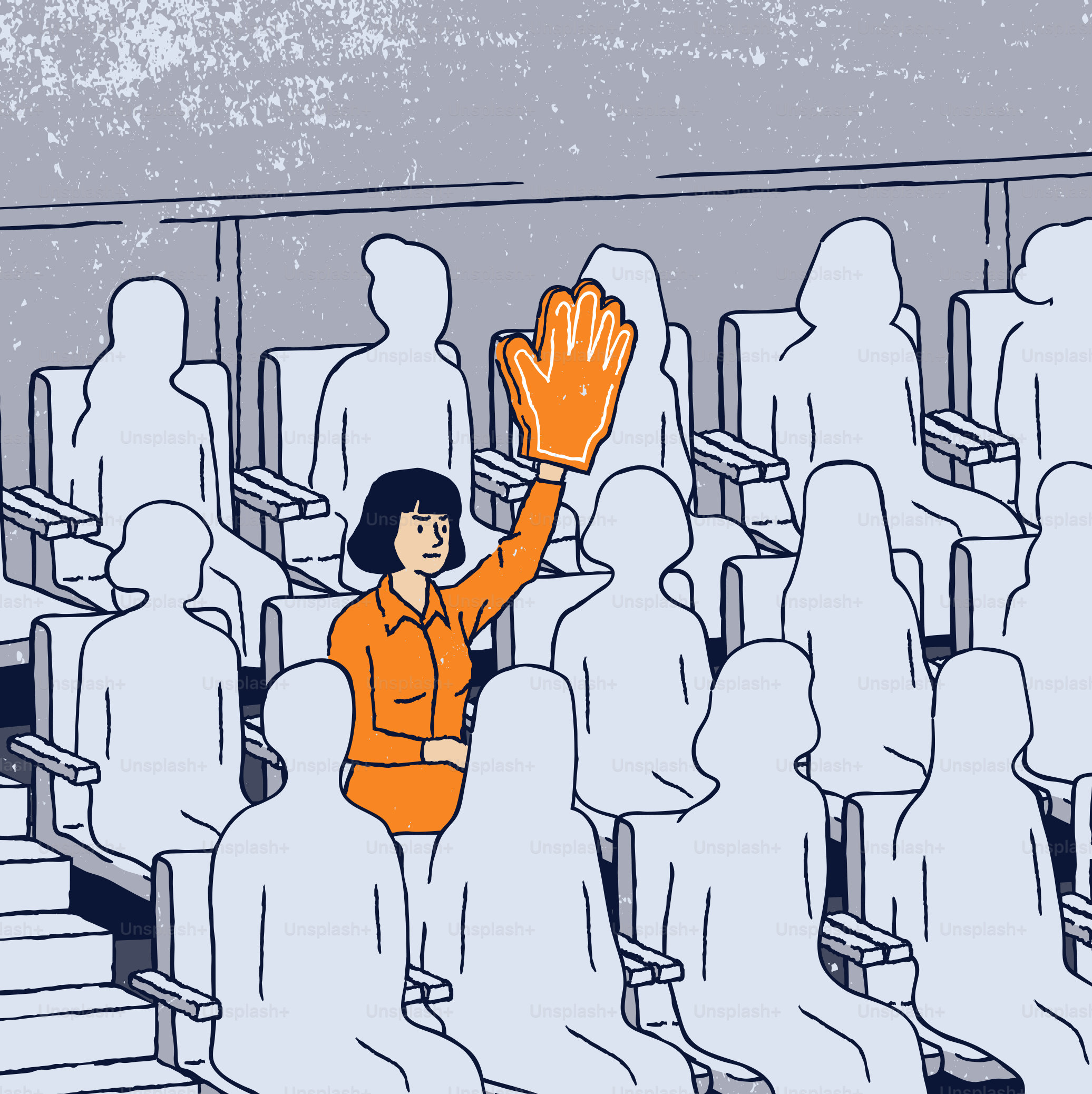 Woman in orange raises foam finger in audience.