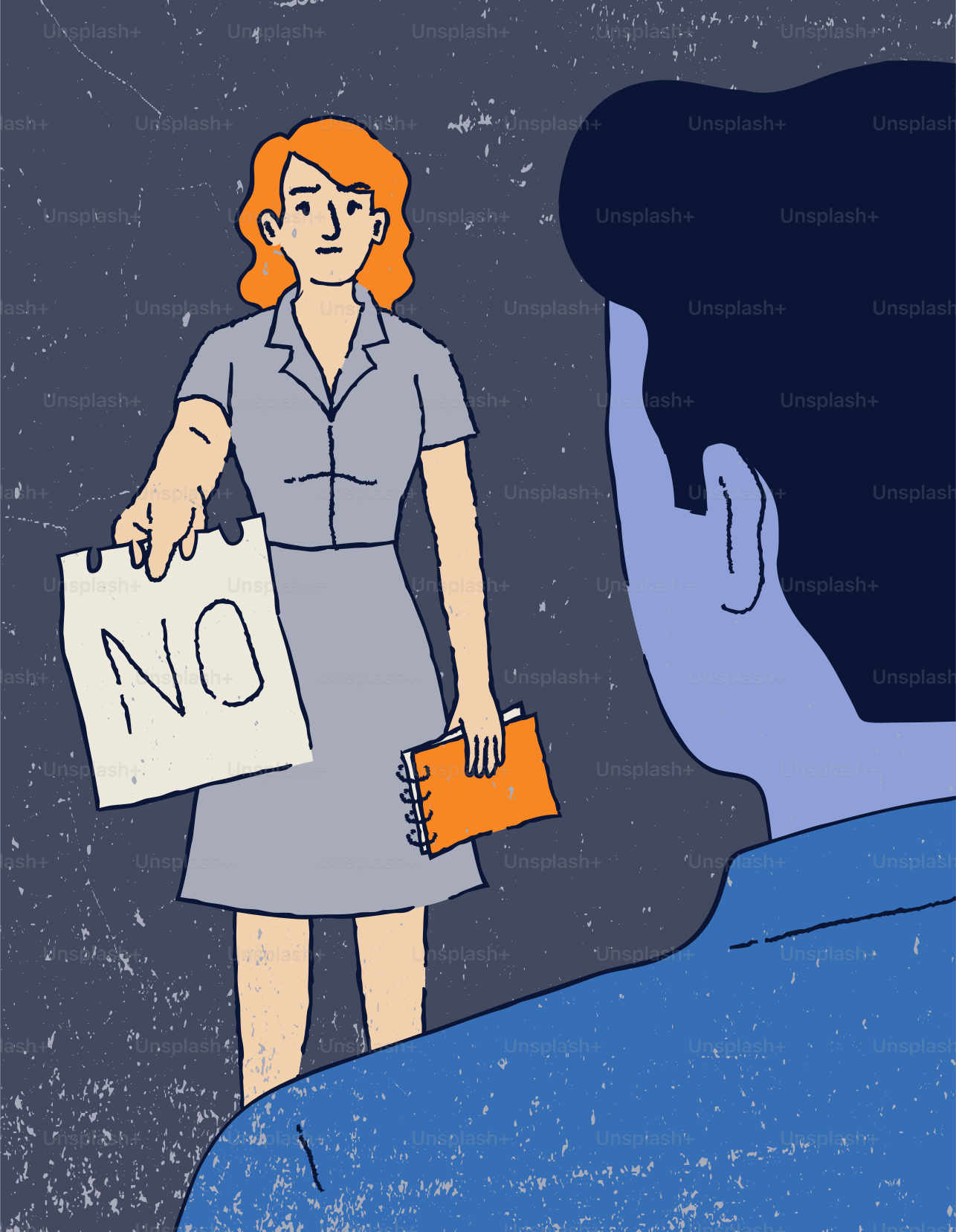 Woman holds up paper with "no" to man.