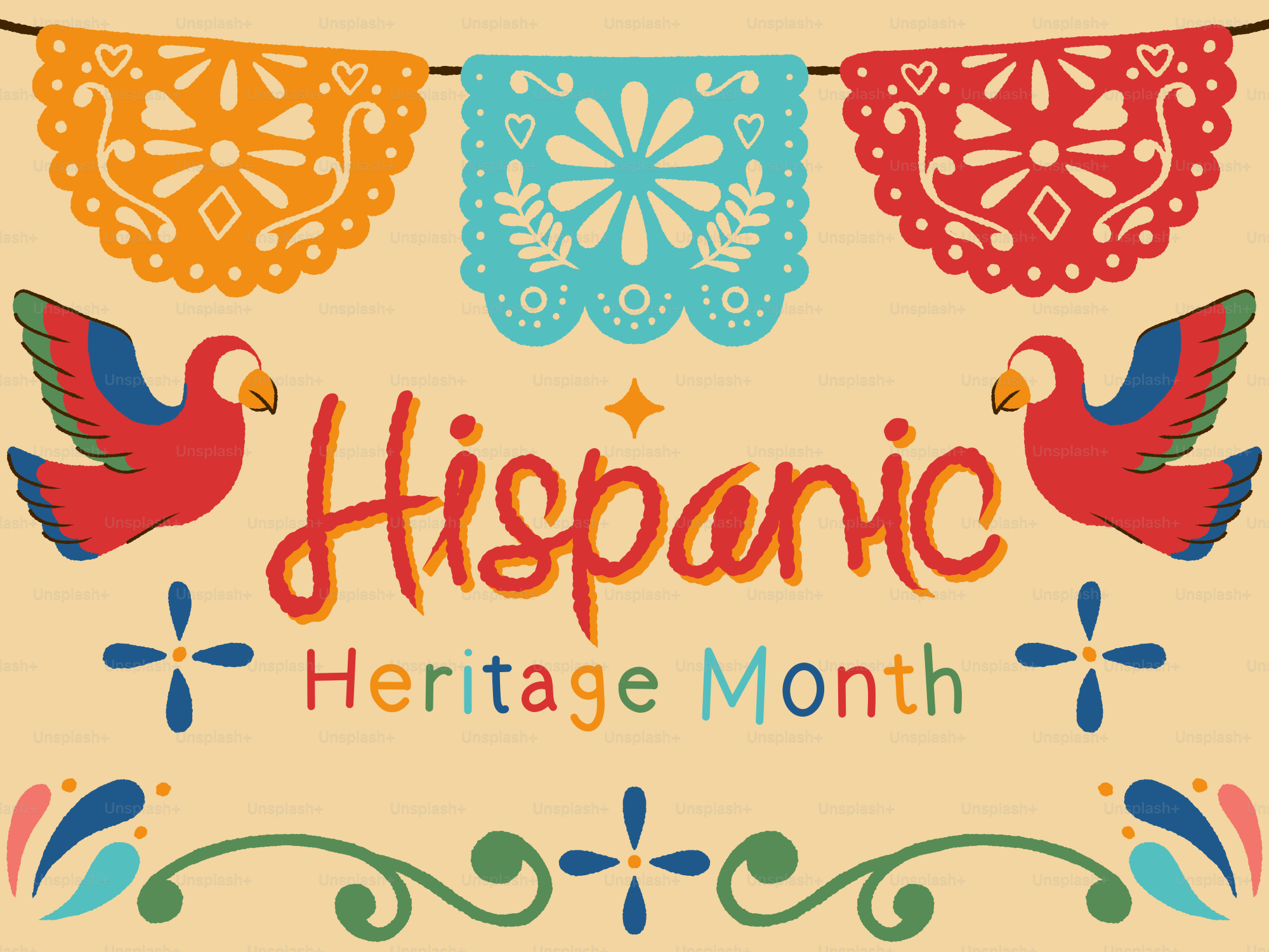 Mese del patrimonio ispanico con decorazioni colorate e festive