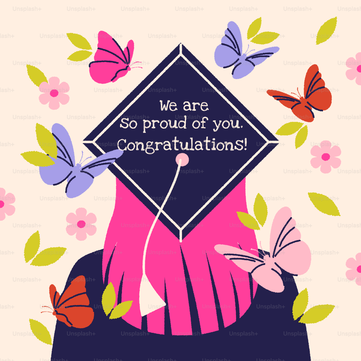 Abschlussmütze mit Schmetterlingen und Blumen