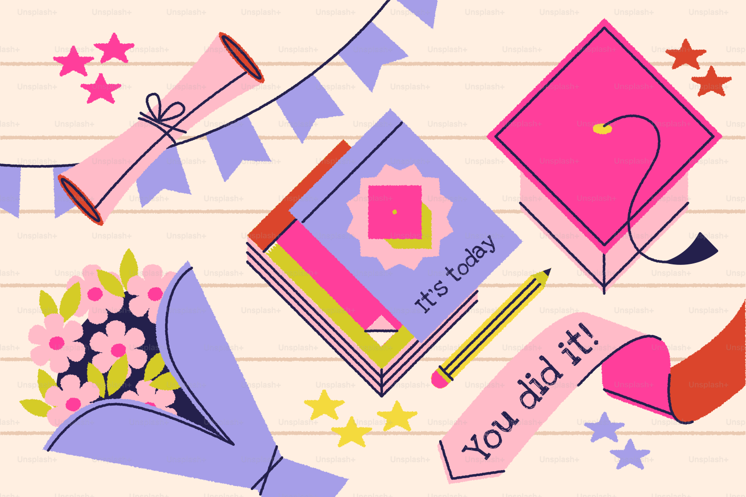 Abschlussfeier-Gegenstände mit Diplom und Mütze