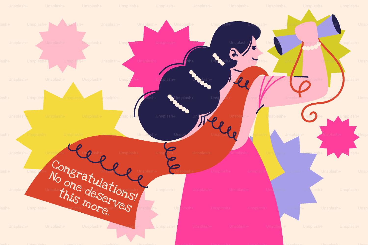 Frau, die mit einem Banner und Sternexplosionen feiert