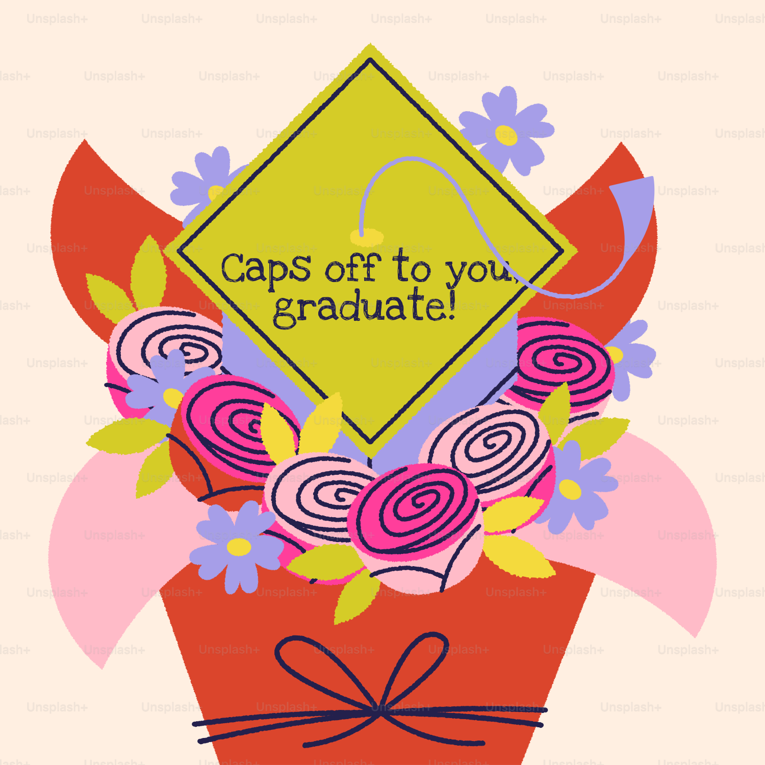 Abschlussmütze mit Blumen und Text.