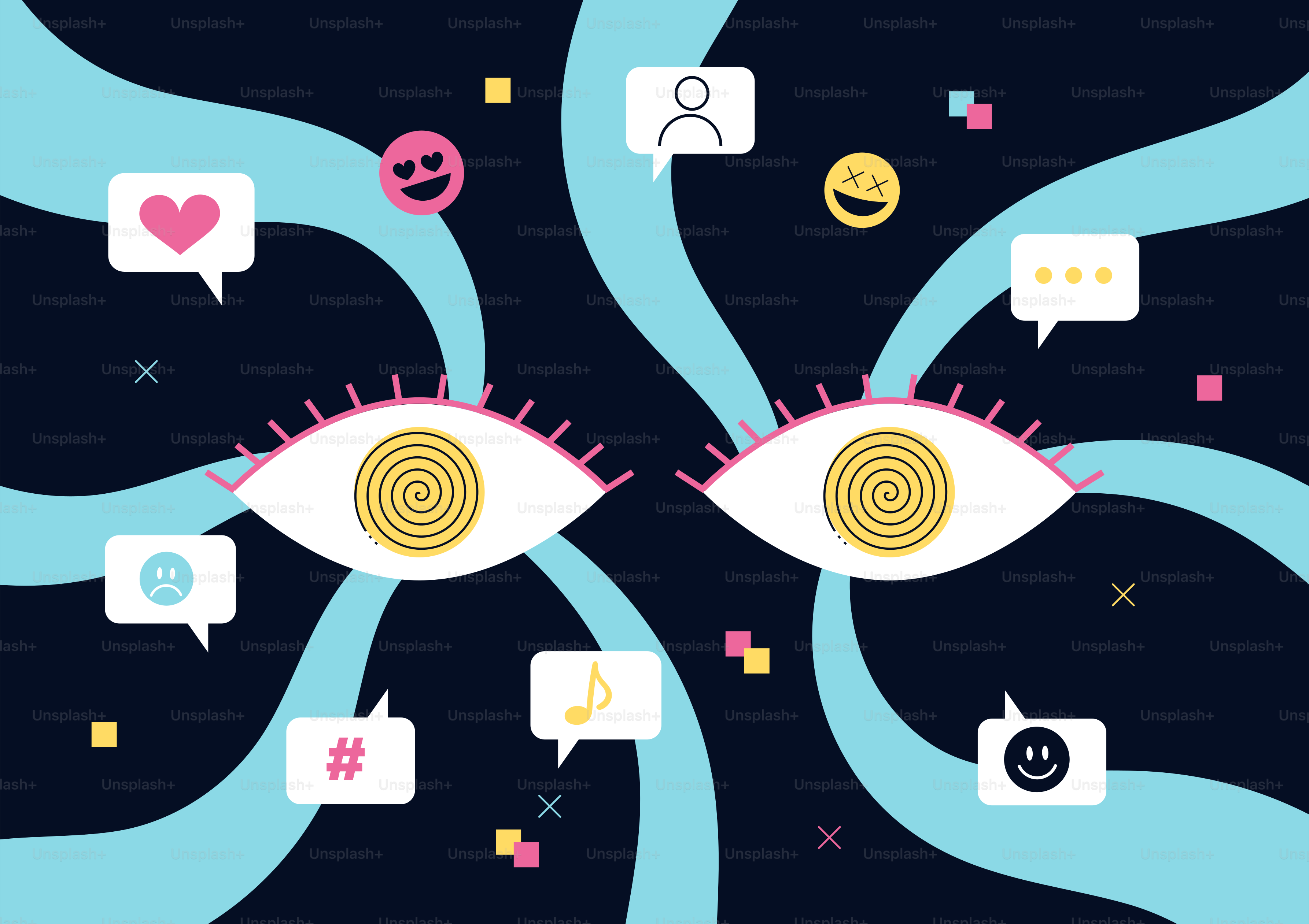 Ojos abstractos rodeados de iconos de redes sociales y globos de diálogo.