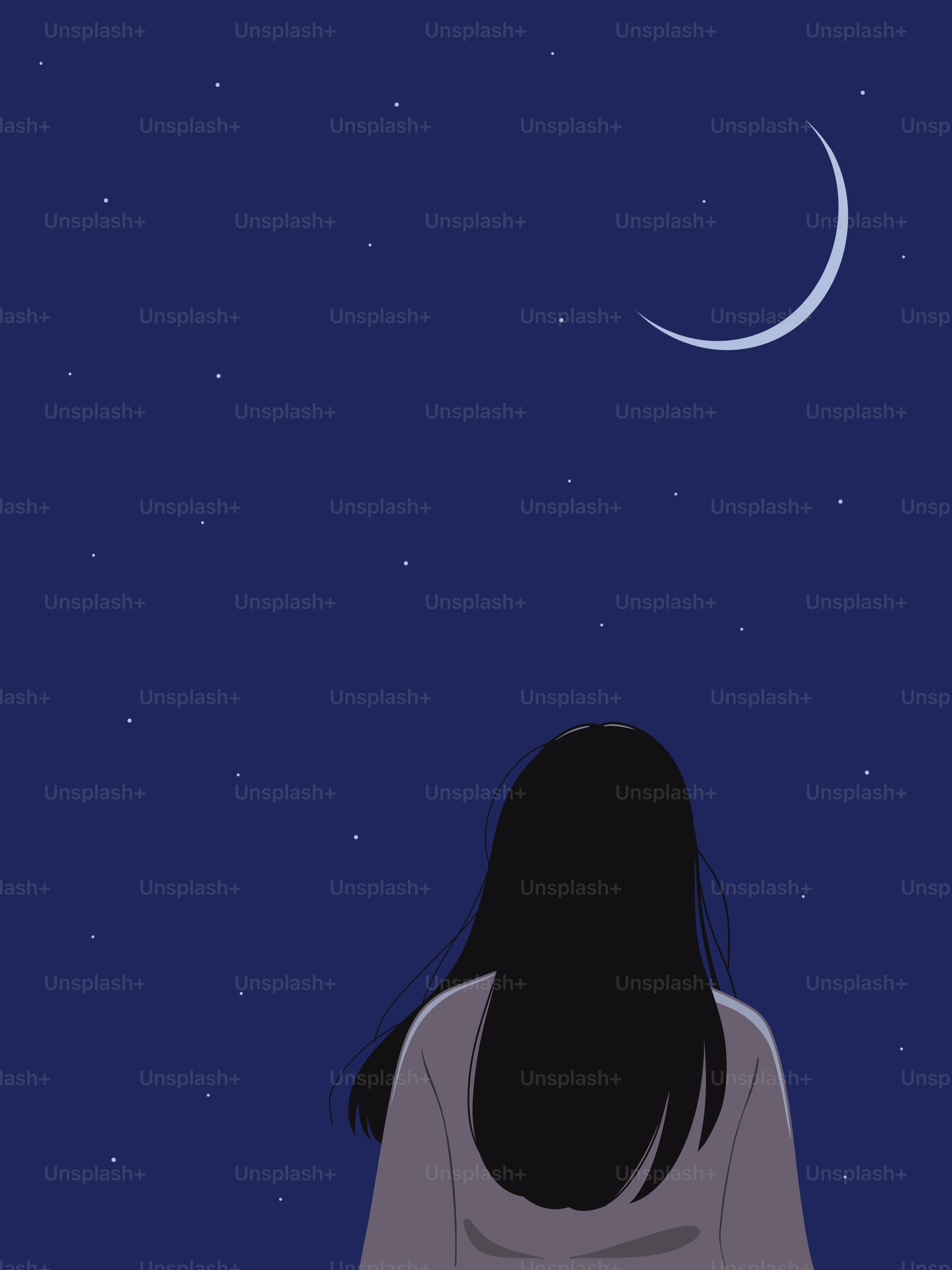 A person looks up at the crescent moon and stars.