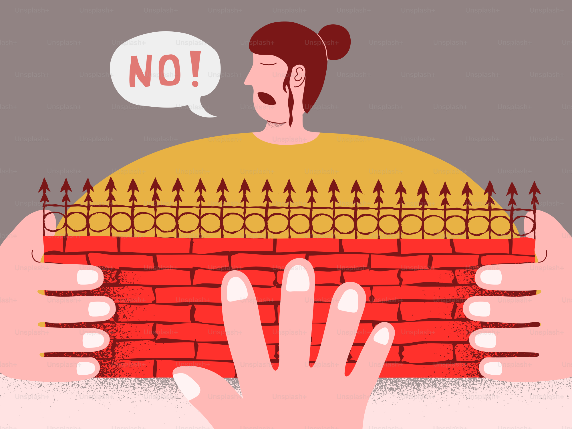Woman saying no behind a brick wall
