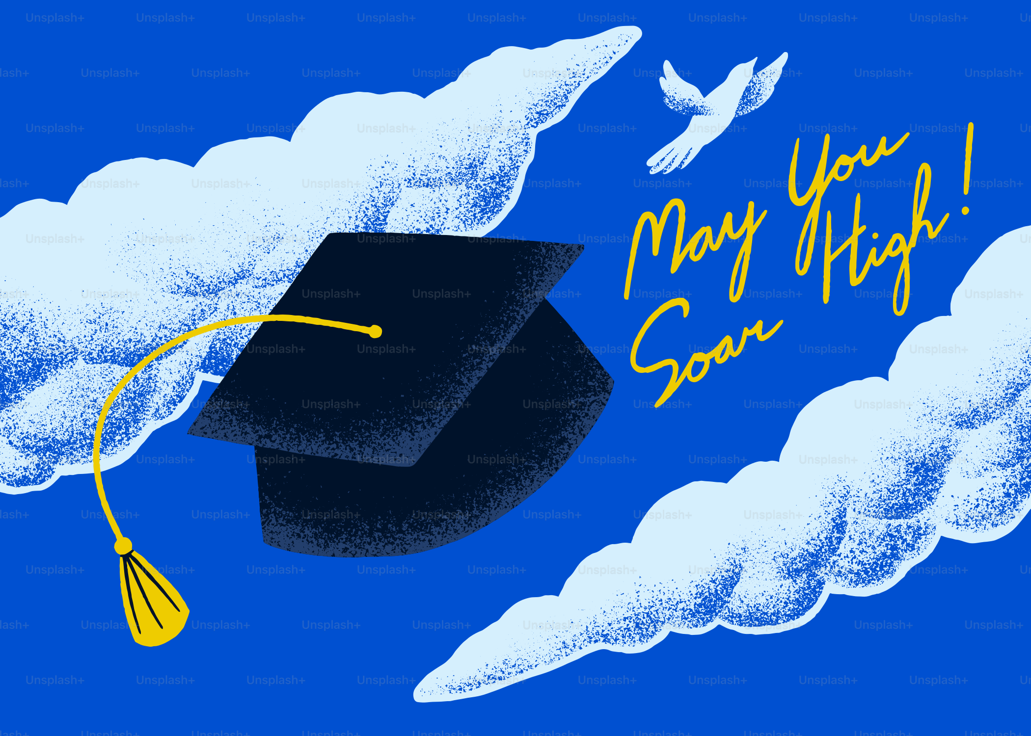 졸업모자와 파란 하늘을 나는 비둘기