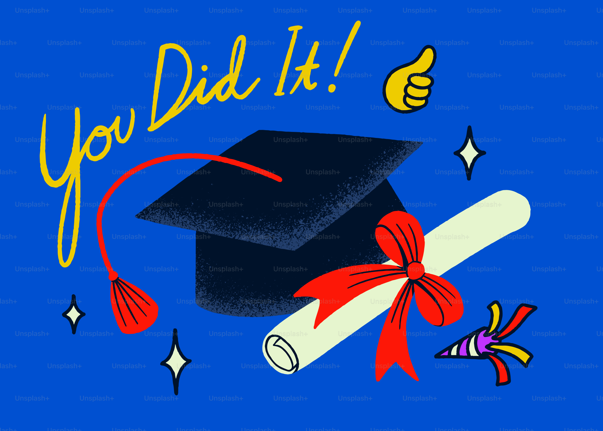 졸업 모자, 졸업장, 그리고 축하 요소들.