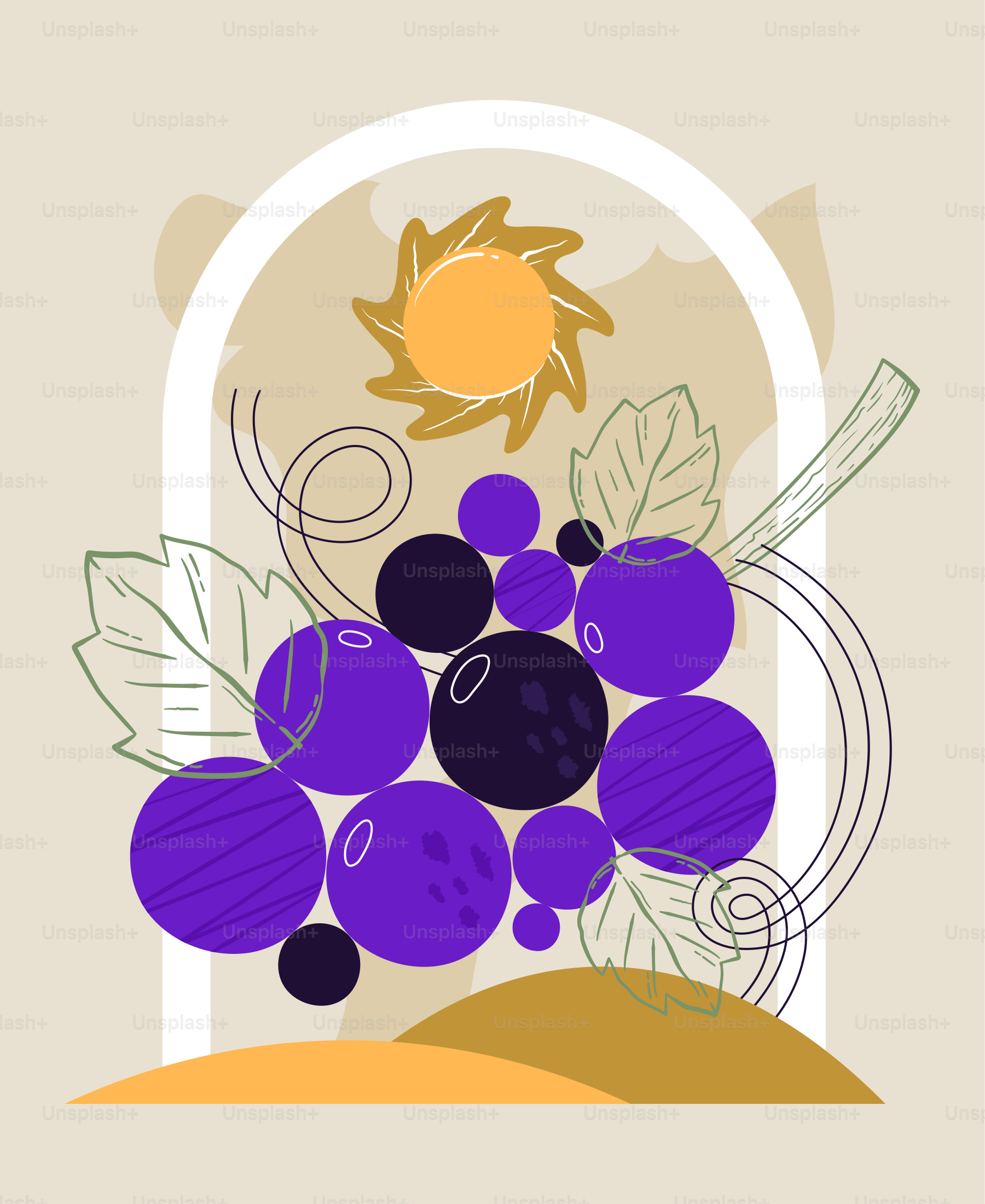 Bunch of purple grapes with sun and leaves