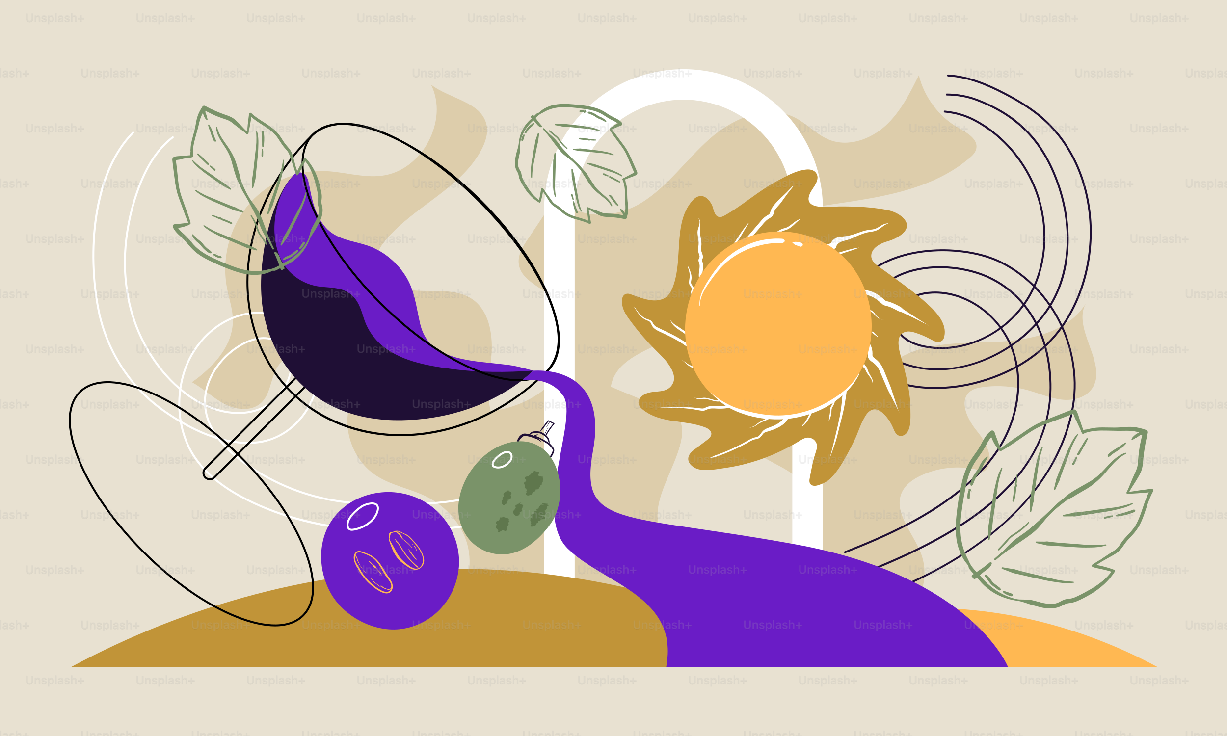 Liquide violet coulant du verre de vin avec des raisins et du soleil.