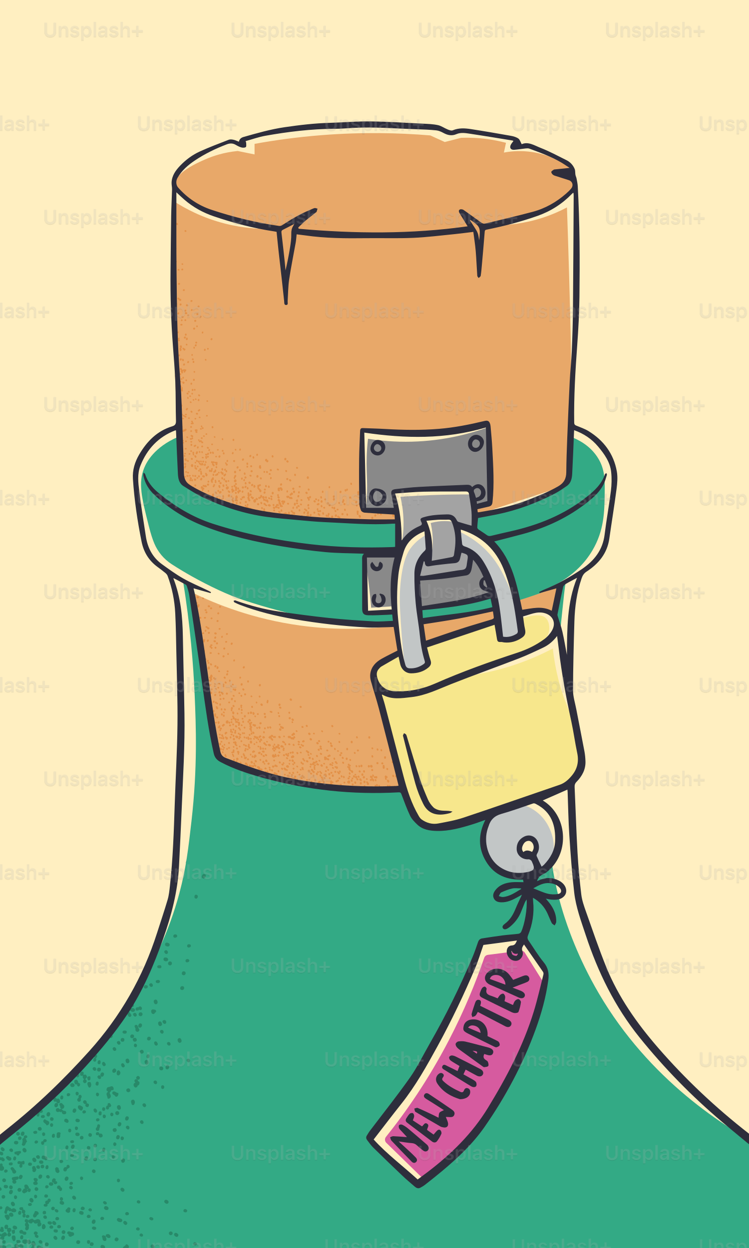 Garrafa com rolha, cadeado e etiqueta de "novo capítulo".