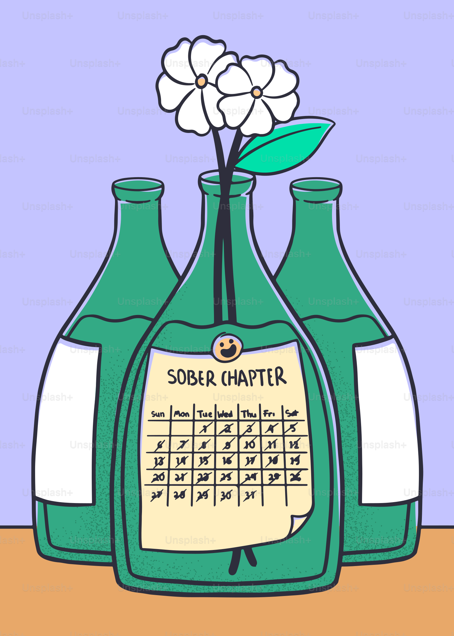 Três garrafas verdes com um calendário e flores