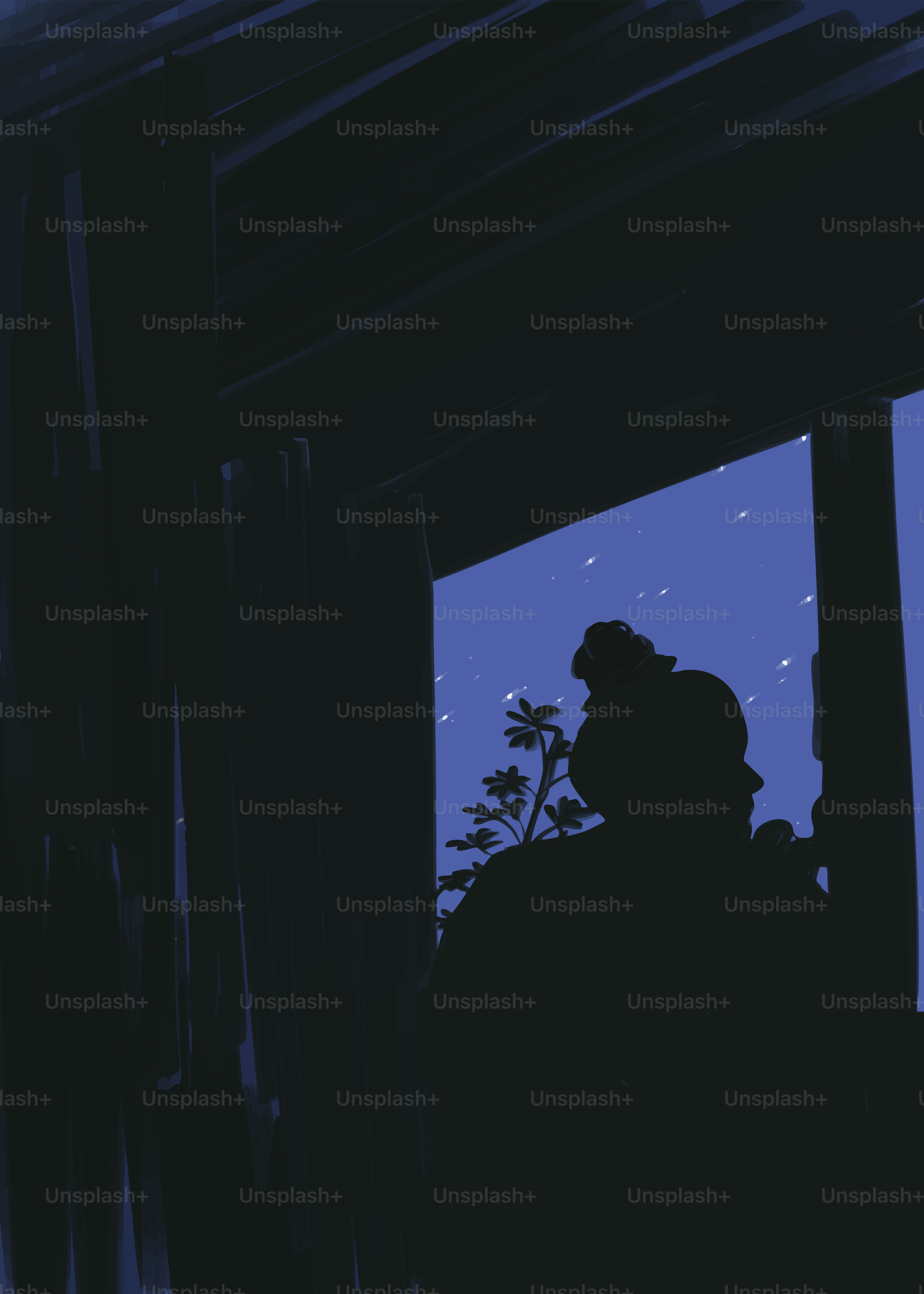 Silhouette of a person looking at the starry night sky