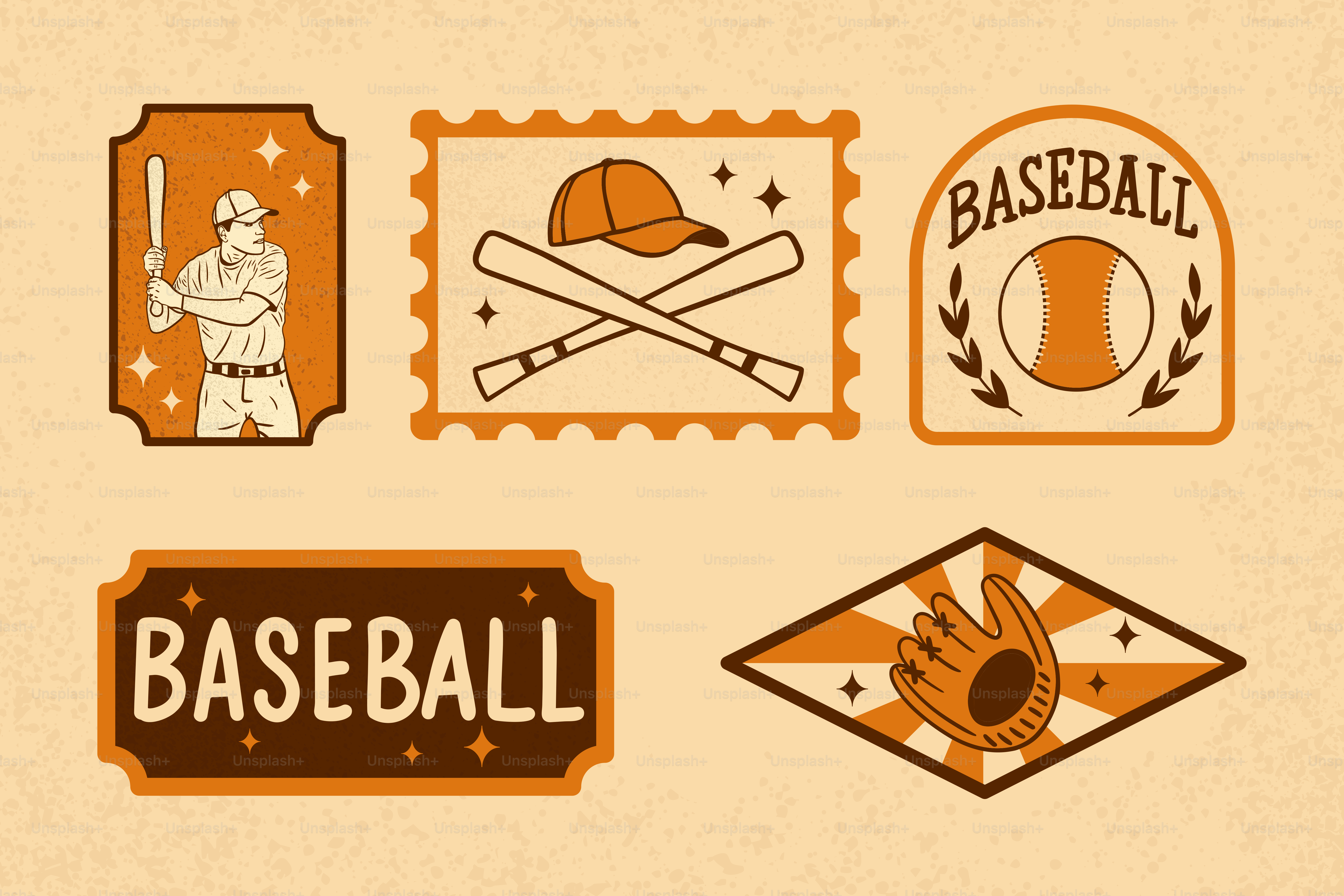Emblèmes et icônes de baseball vintage sur fond texturé