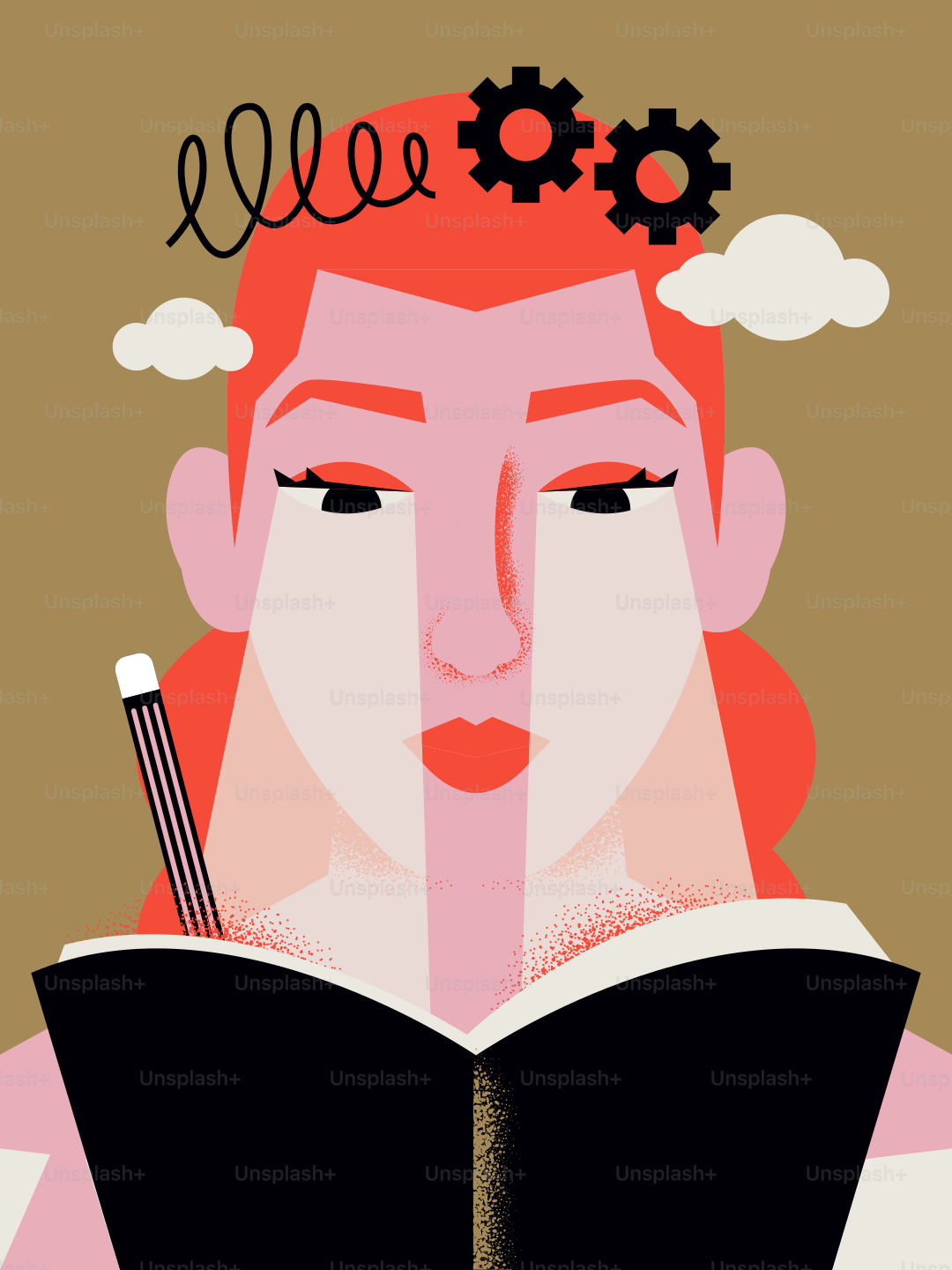 머리 위에 기어와 구름을 든 여자가 책을 읽고 있다