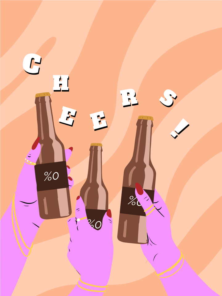 세 손이 병을 들고 있고, "cheers"라는 문구가 적혀 있다