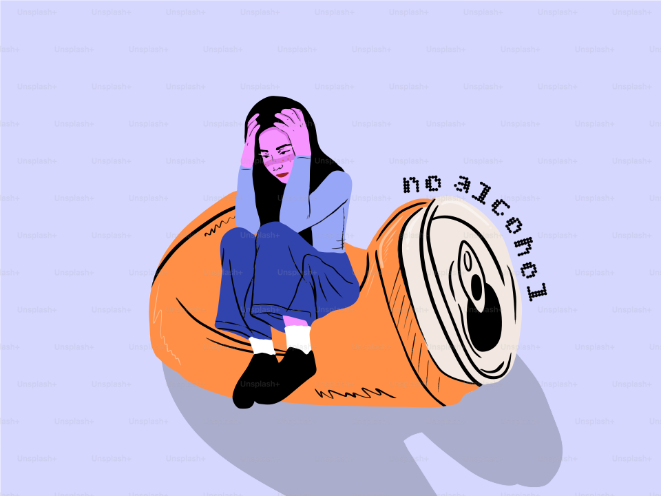 거대한 탄산음료 캔에 '무알코올'이라는 문자와 함께 괴로워하는 여성