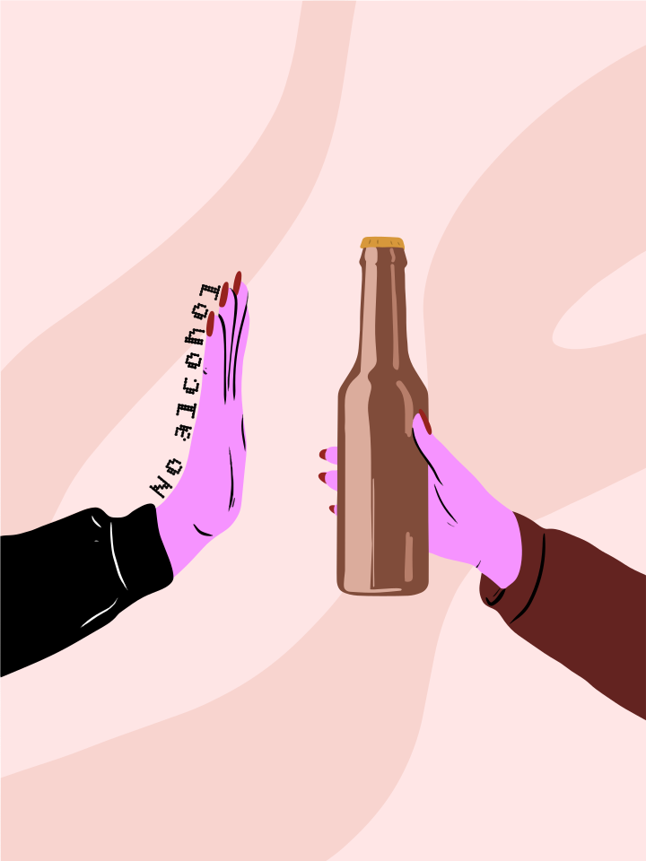 "무알코올"이라는 문자와 함께 술병을 손으로 거절하는 것.