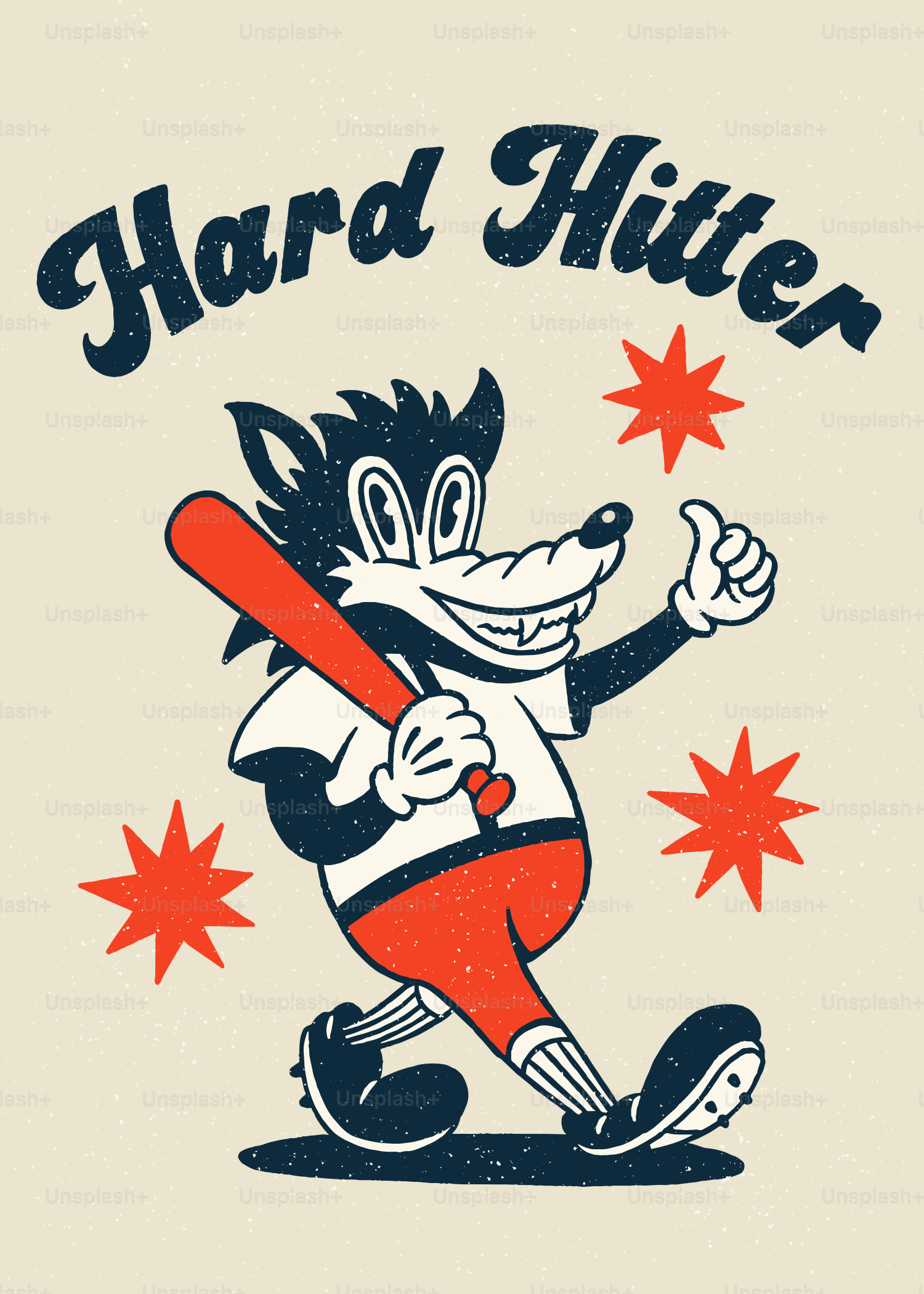 만화 속 늑대가 야구 방망이를 든 모습이 엄지손가락을 치켜세웁니다.