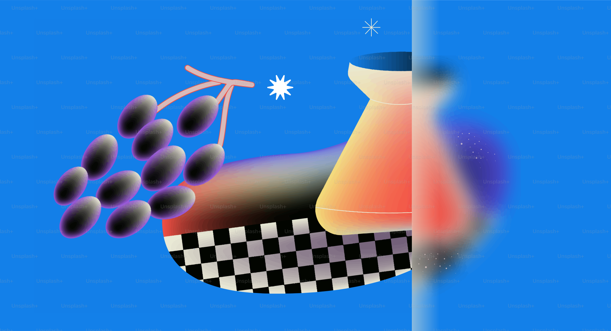 포도와 꽃병이 체크무늬 무늬