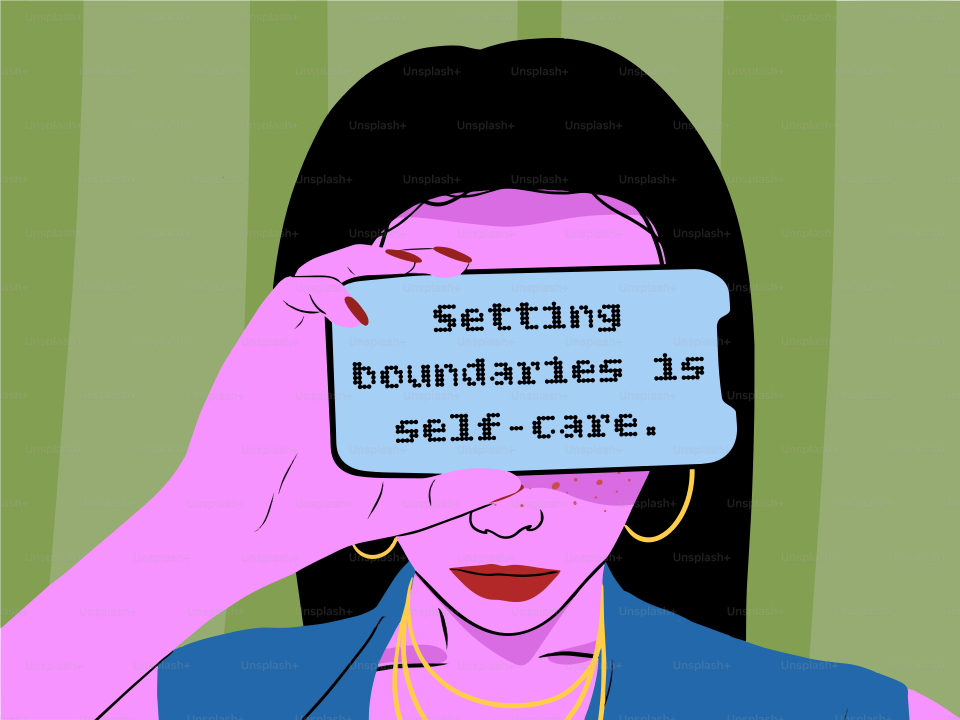 여성은 '경계 설정은 자기 관리'라는 카드를 들고 있습니다.