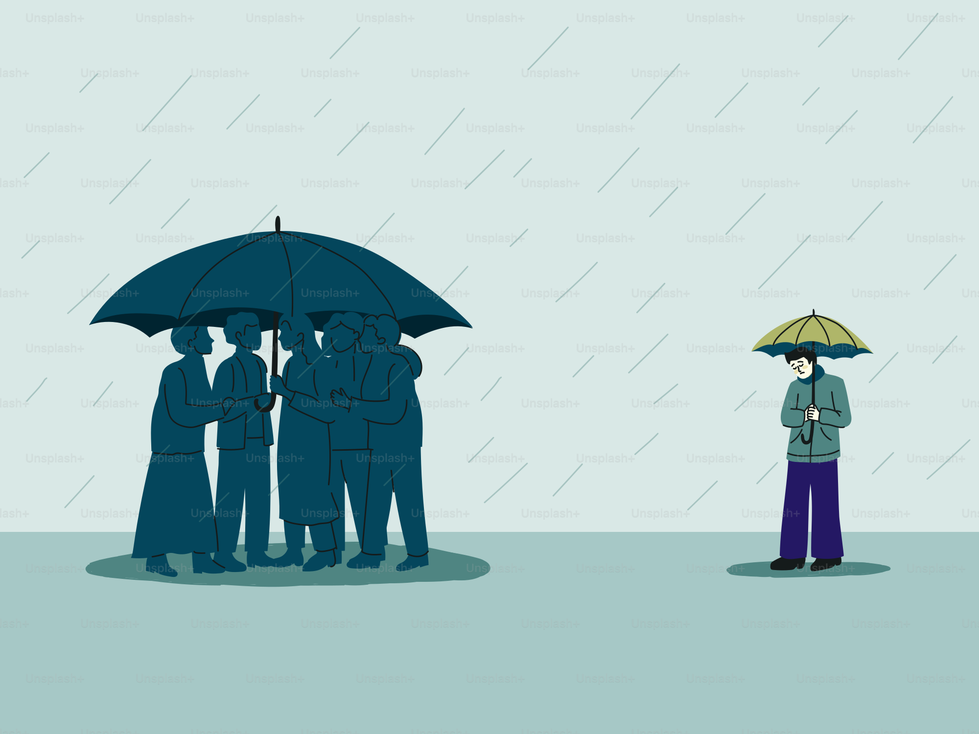 Gruppe unter dem Schirm, eine Person allein im Regen