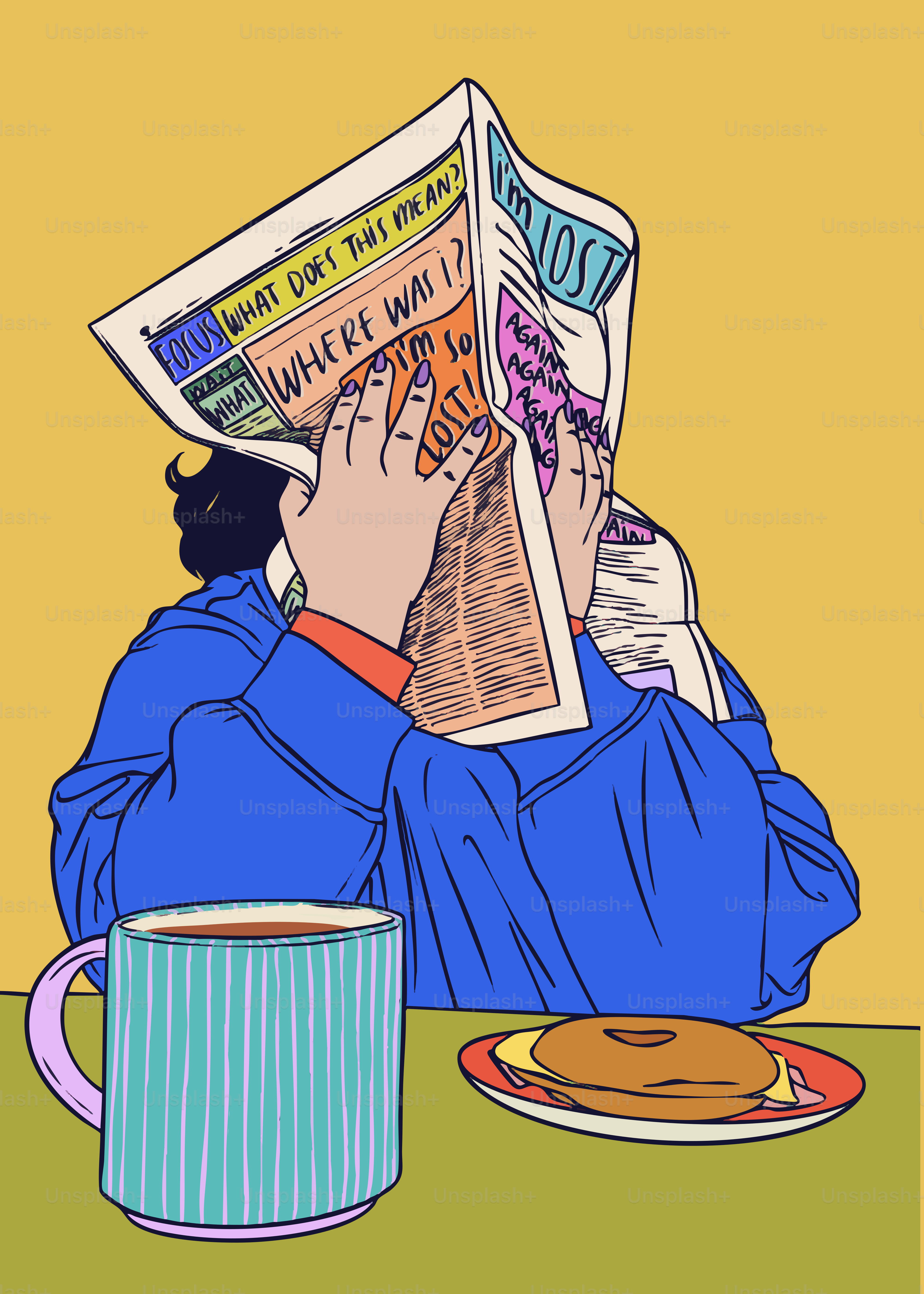 「迷子だ」という見出しの新聞を読んでいる人。