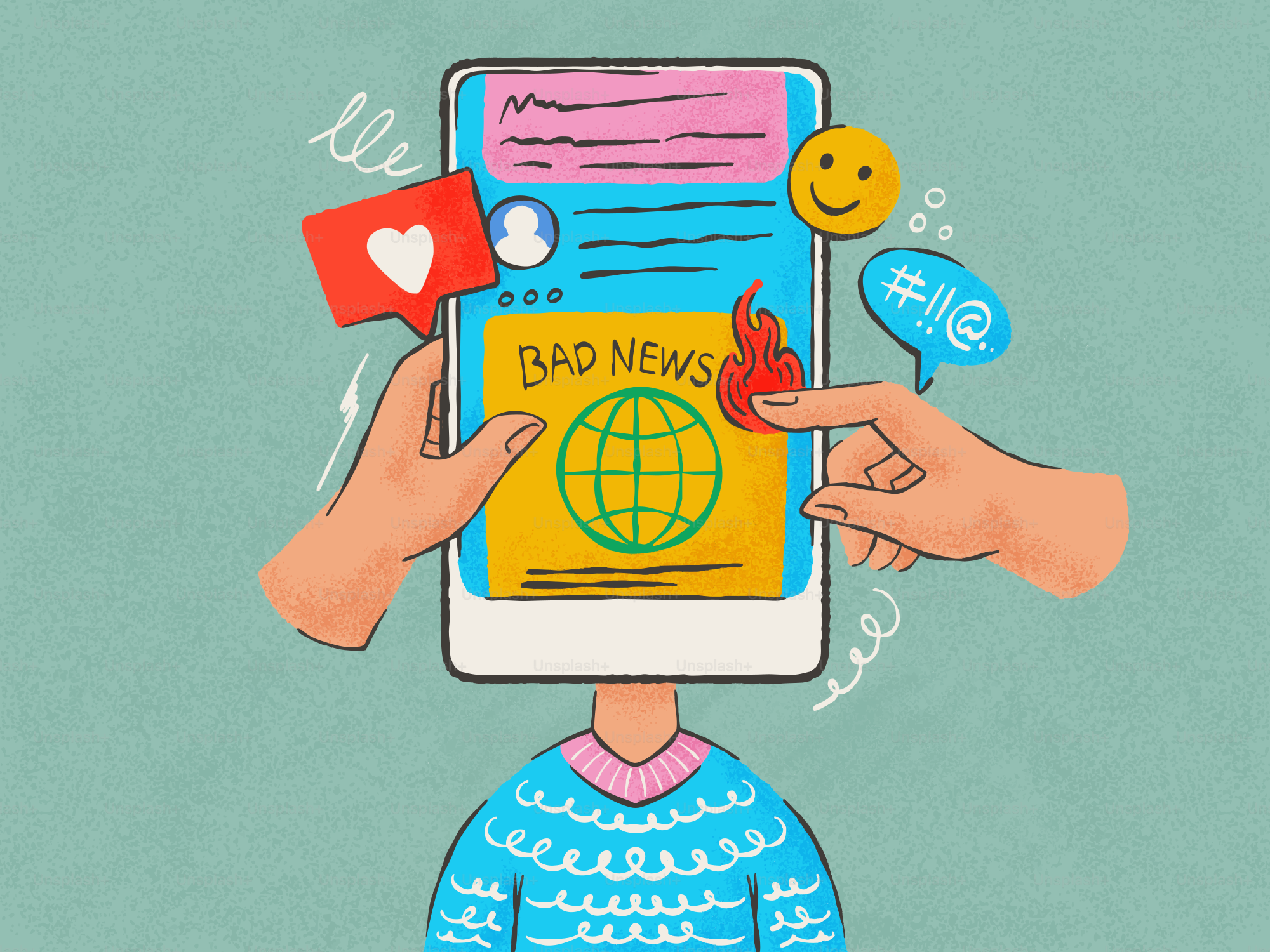 Le mani interagiscono con un telefono che mostra cattive notizie