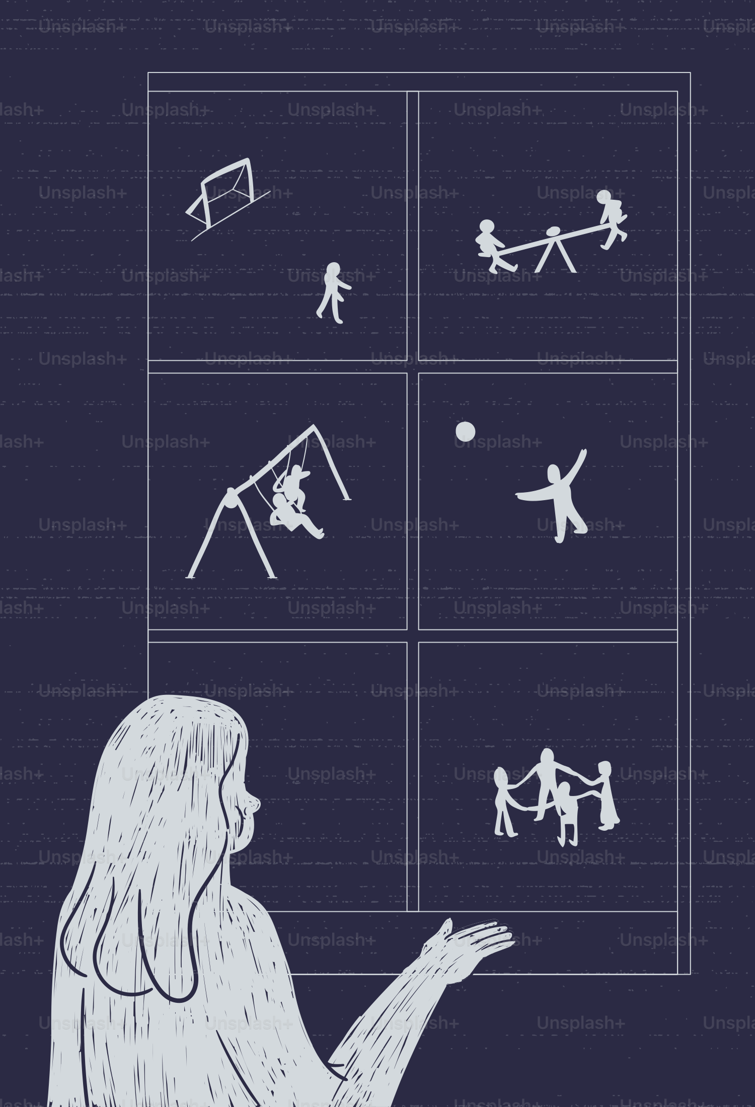 Frau schaut aus einem Fenster mit spielenden Kindern