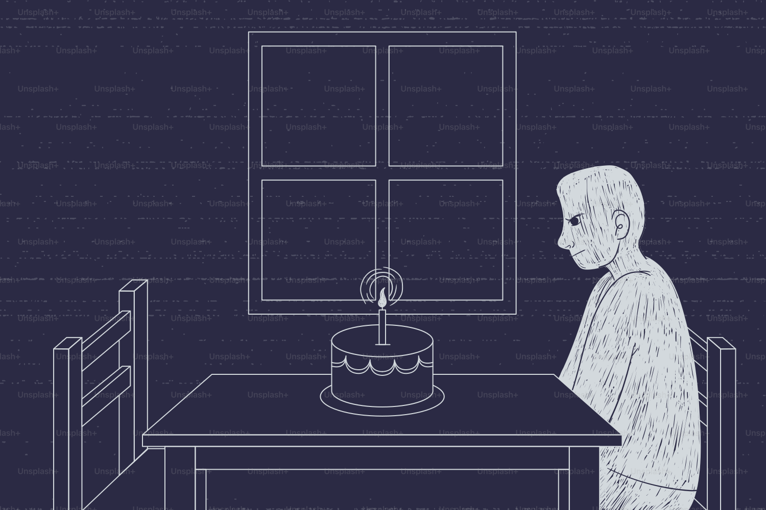 Eine Person sitzt allein mit einer Geburtstagstorte.