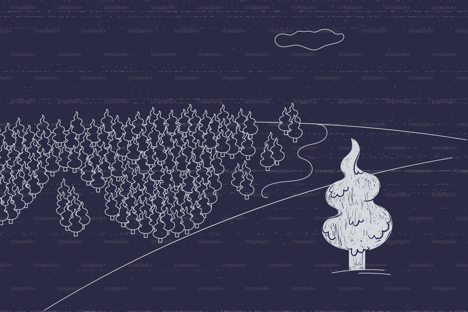 Stilisierter Wald und einsamer Baum auf sanften Hügeln.