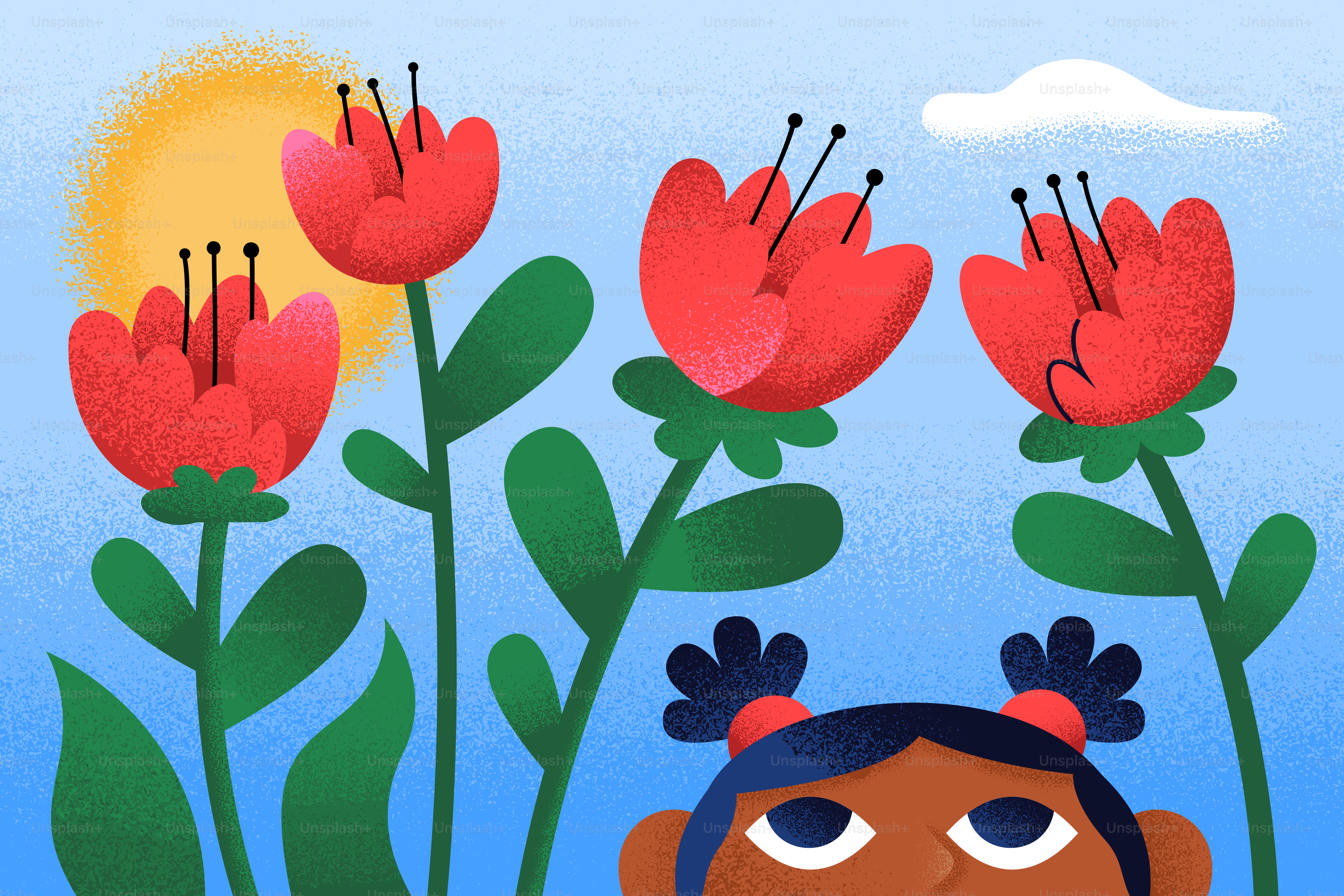Niño asomándose entre flores rojas bajo un sol brillante.