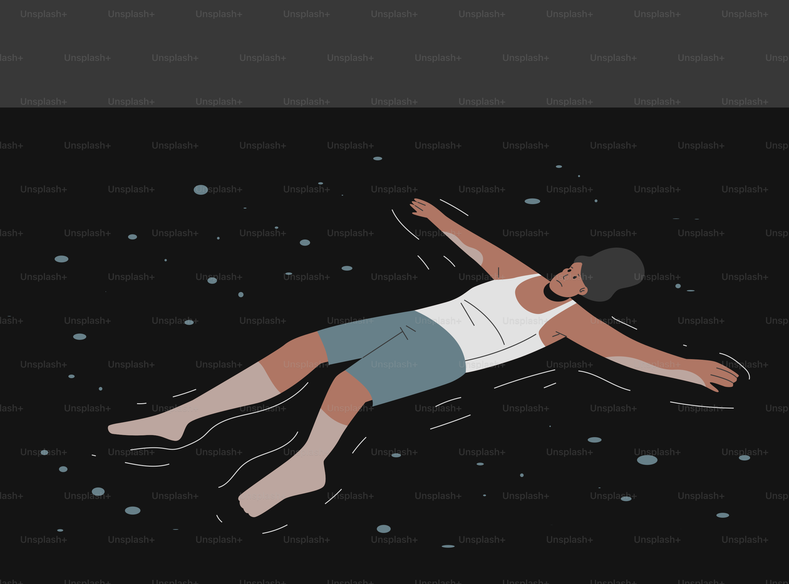 暗い水の中で仰向けに浮かぶ人。